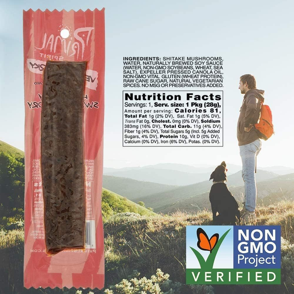 Primal Spirit Vegan Jerky Shiitake Mushroom    - Classic Flavor    - Hot & Spicy-Sweet & Savory, 10 G. Plant Based Protein, Certified Non-Gmo, No Preservatives, Sports Friendly Packaging (24 Pack, 1 Oz)