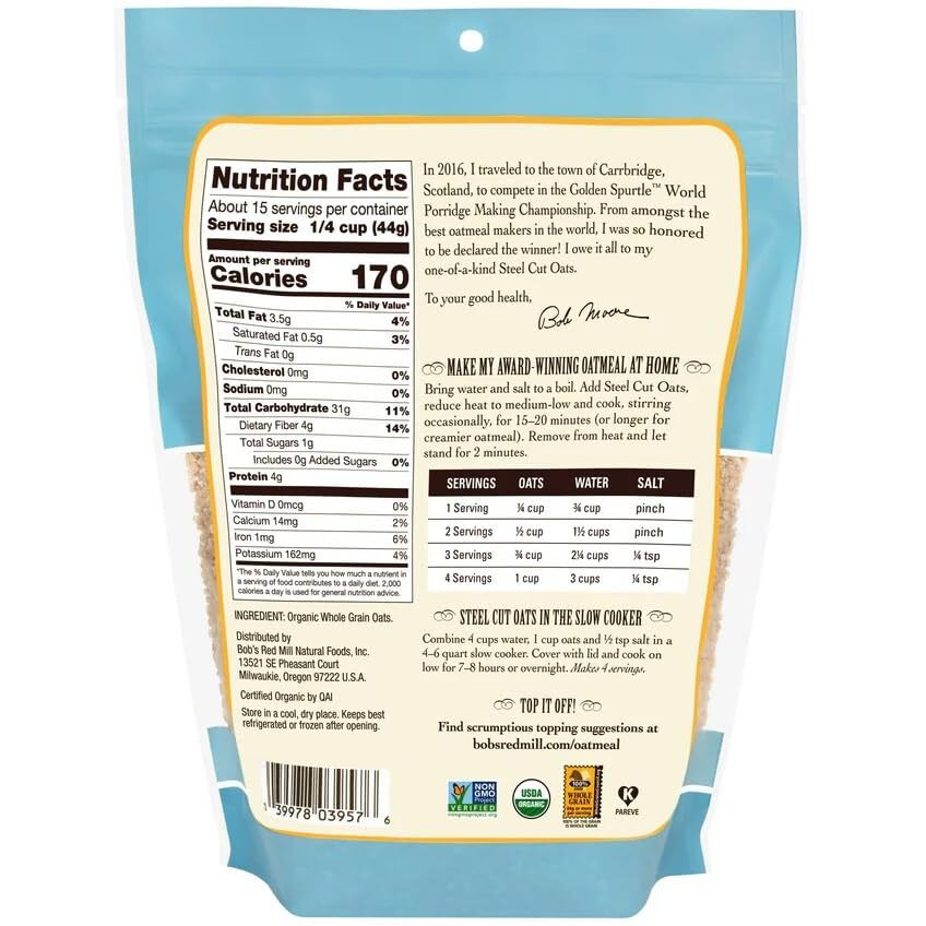 Bob's Red Mill Organic Steel Cut Oats, 24Oz (Pack Of 1) - Non Gmo, Whole Grain, Vegan, Kosher