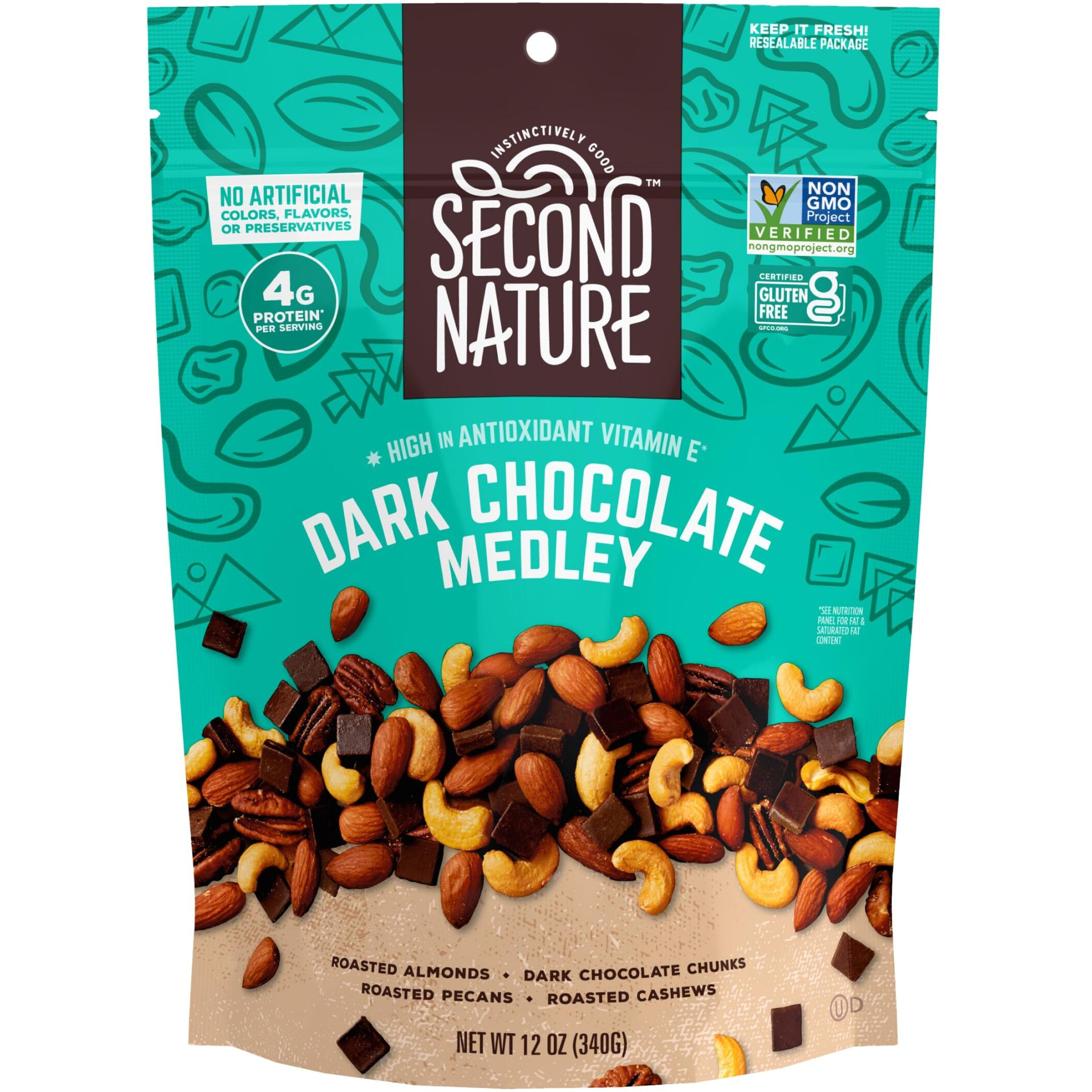 Second Nature Dark Chocolate Medley Trail Mix, 12 Oz. Resealable Pouch (Pack Of 1) - Certified Gluten-Free Snack Mix - Dark Chocolate And Nut Trail Mix Ideal For Quick Travel Snacks Or Lunch Snacks