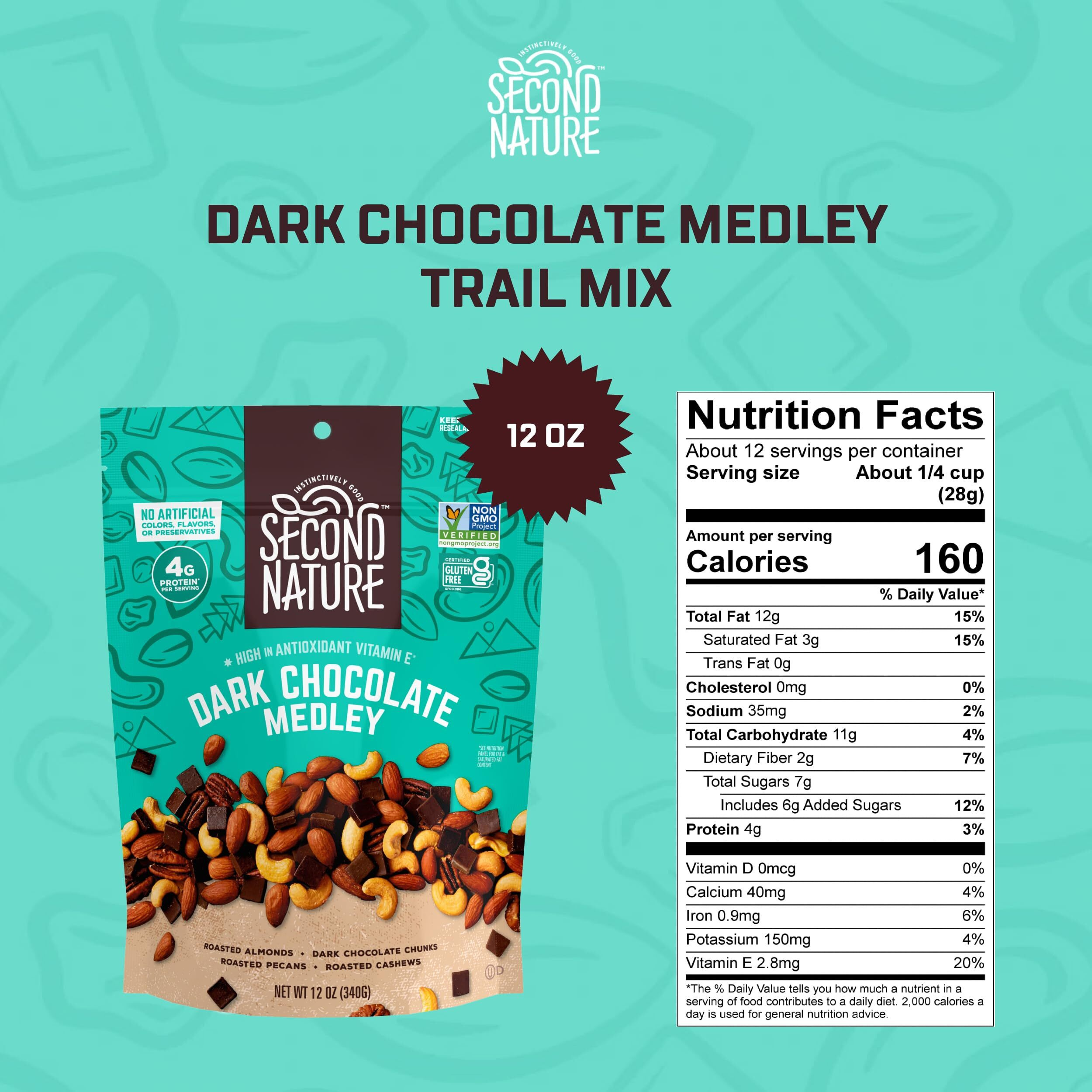 Second Nature Dark Chocolate Medley Trail Mix, 12 Oz. Resealable Pouch (Pack Of 1) - Certified Gluten-Free Snack Mix - Dark Chocolate And Nut Trail Mix Ideal For Quick Travel Snacks Or Lunch Snacks