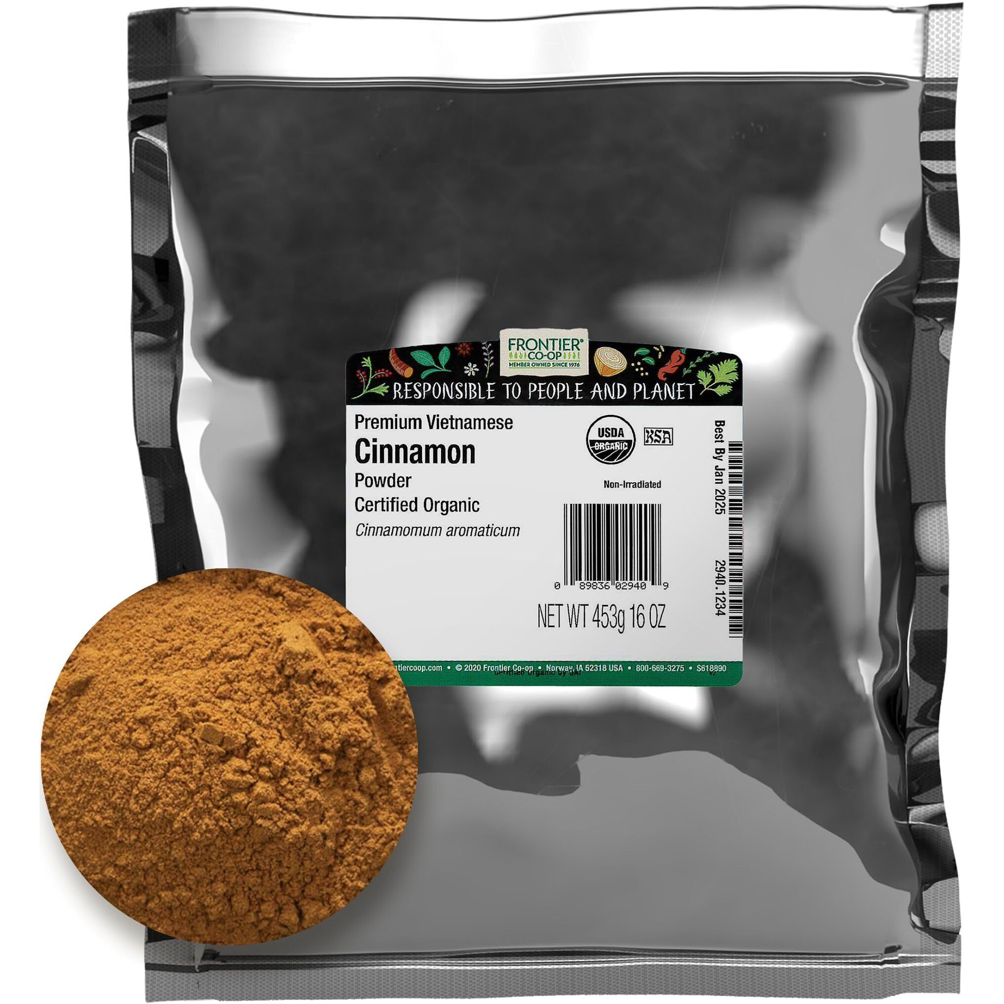 Frontier Organic Ground Vietnamese Cinnamon, 1-Pound Bulk, Premium Quality Cinnamon, Full Balanced Spicy Flavor, Kosher