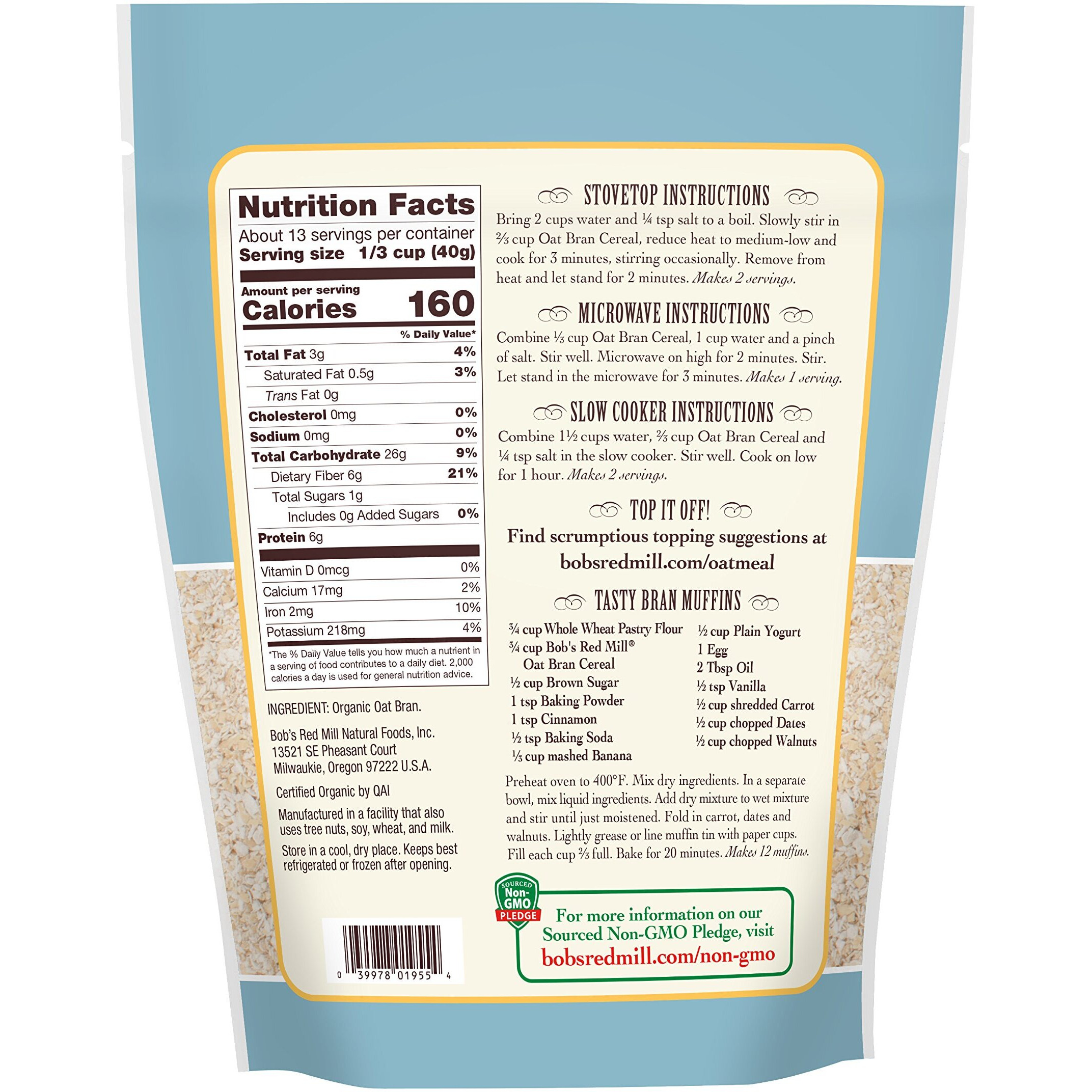 Bob's Red Mill Organic High Fiber Oat Bran Hot Cereal, 18-Ounce