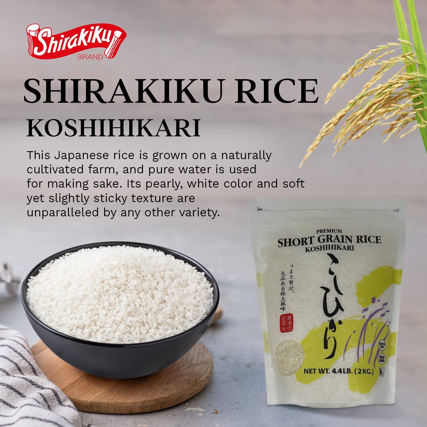 Shirakiku Dried Grains & Rice - Japanese Short Grain White Koshihikari - Uncooked Premium Quality Sweet Sticky Sushi Rice, 4.4 Pounds Bag