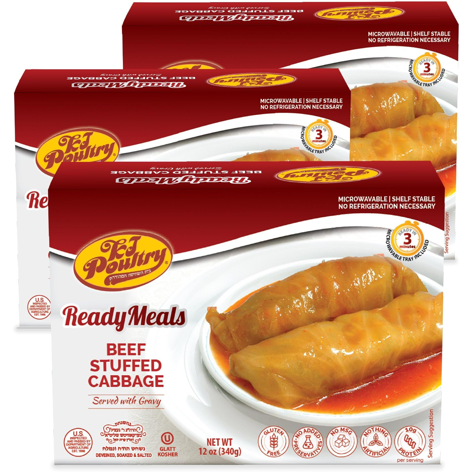 Kj Poultry Kosher Ready Meals - Beef Stuffed Cabbage Rolls, Mre Meat Meals Ready To Eat, Gluten Free (3 Pack) Prepared Entree Fully Cooked, Shelf Stable Microwave Dinner Travel Military Camping