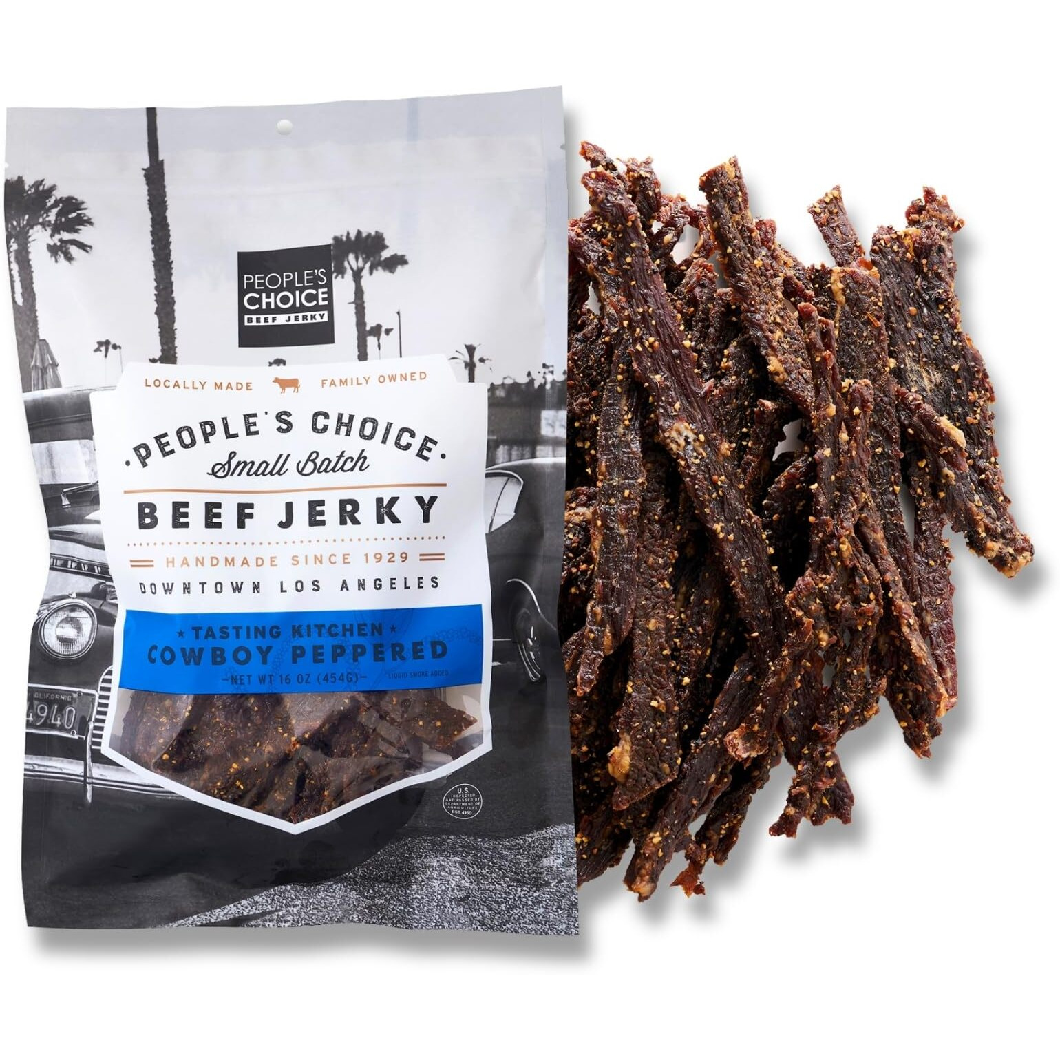 People's Choice Beef Jerky - Tasting Kitchen - Cowboy Peppered Beef Jerky - Camping Food, Backpacking Snacks, Road Trip Snacks - High Protein Low Sodium Healthy Snacks - 1 Pound, 16 Oz - 1 Bag