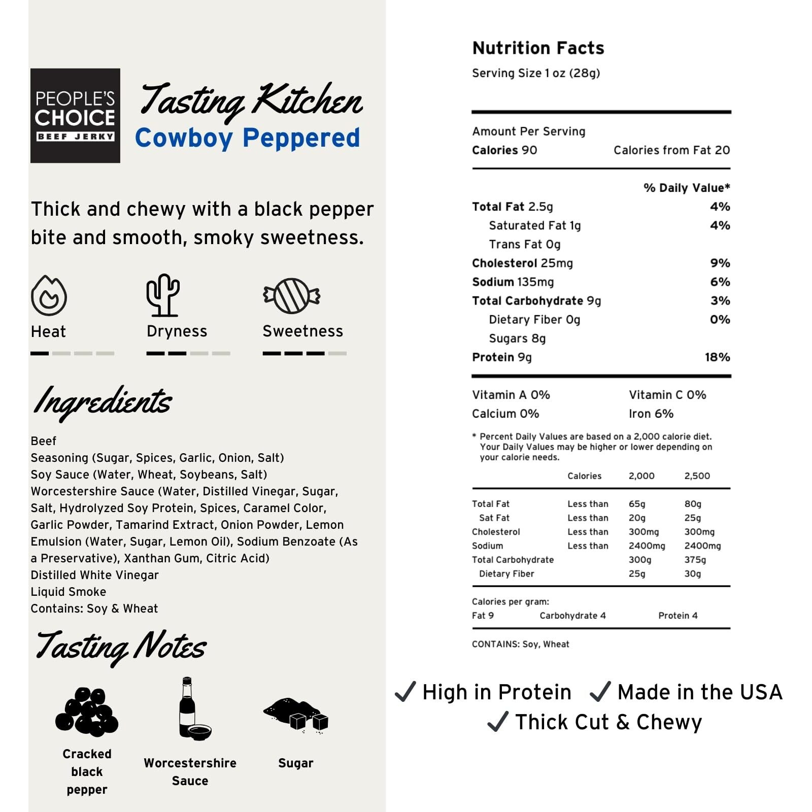 People's Choice Beef Jerky - Tasting Kitchen - Cowboy Peppered Beef Jerky - Camping Food, Backpacking Snacks, Road Trip Snacks - High Protein Low Sodium Healthy Snacks - 1 Pound, 16 Oz - 1 Bag