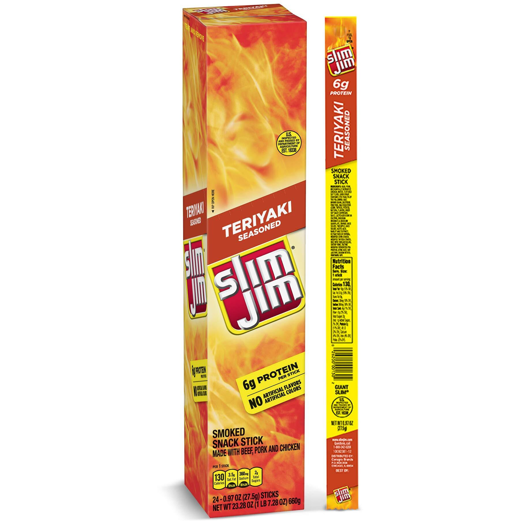 Slim Jim Giant Smoked Meat Sticks, Teriyaki Flavor, 6G Protein Per Stick, 0.97 Oz. (24 Count)