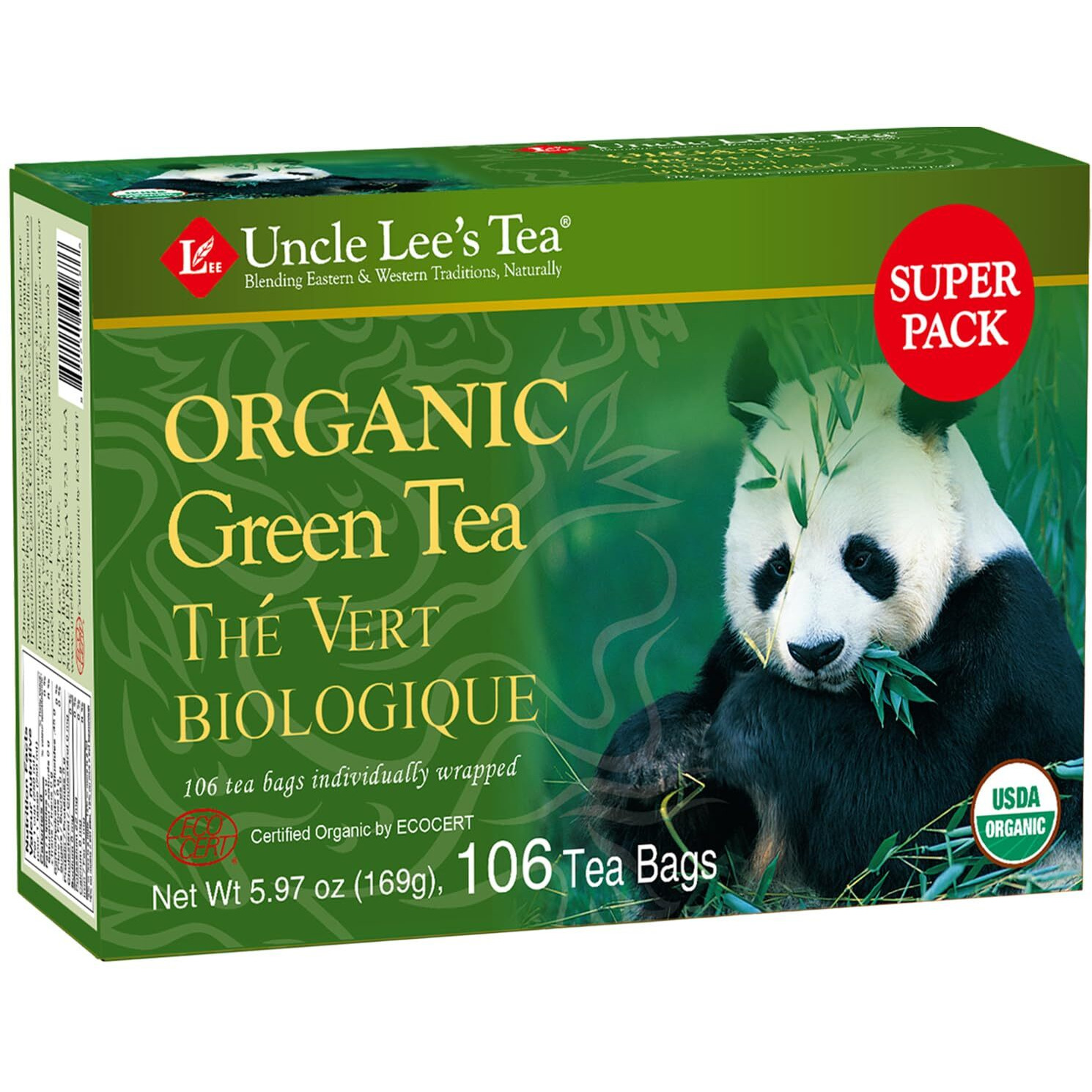 Uncle Lee's Organic Green Tea Bags, 106-Count Super Pack - Bright & Refreshing, Lightly Caffeinated Bulk Tea For Home, Office, Camping