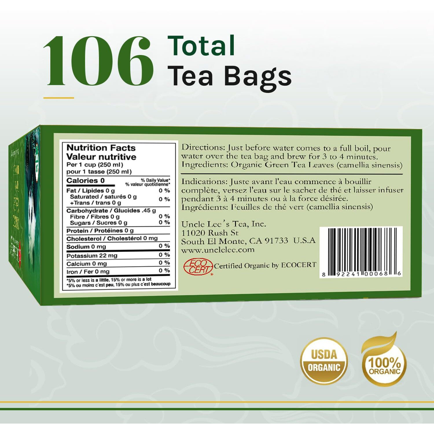 Uncle Lee's Organic Green Tea Bags, 106-Count Super Pack - Bright & Refreshing, Lightly Caffeinated Bulk Tea For Home, Office, Camping