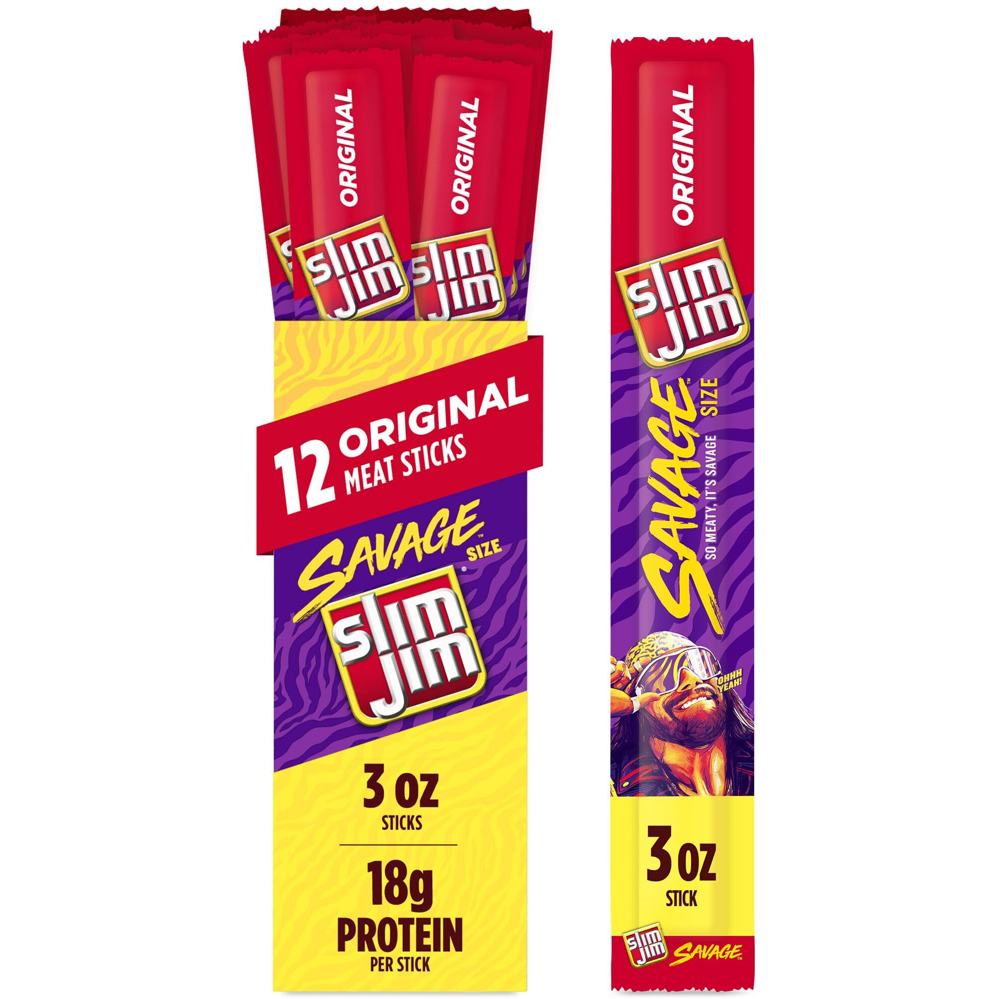 Slim Jim Savage Smoked Meat Sticks, Original Flavor, High Protein, 3.0 Oz. (12 Count)