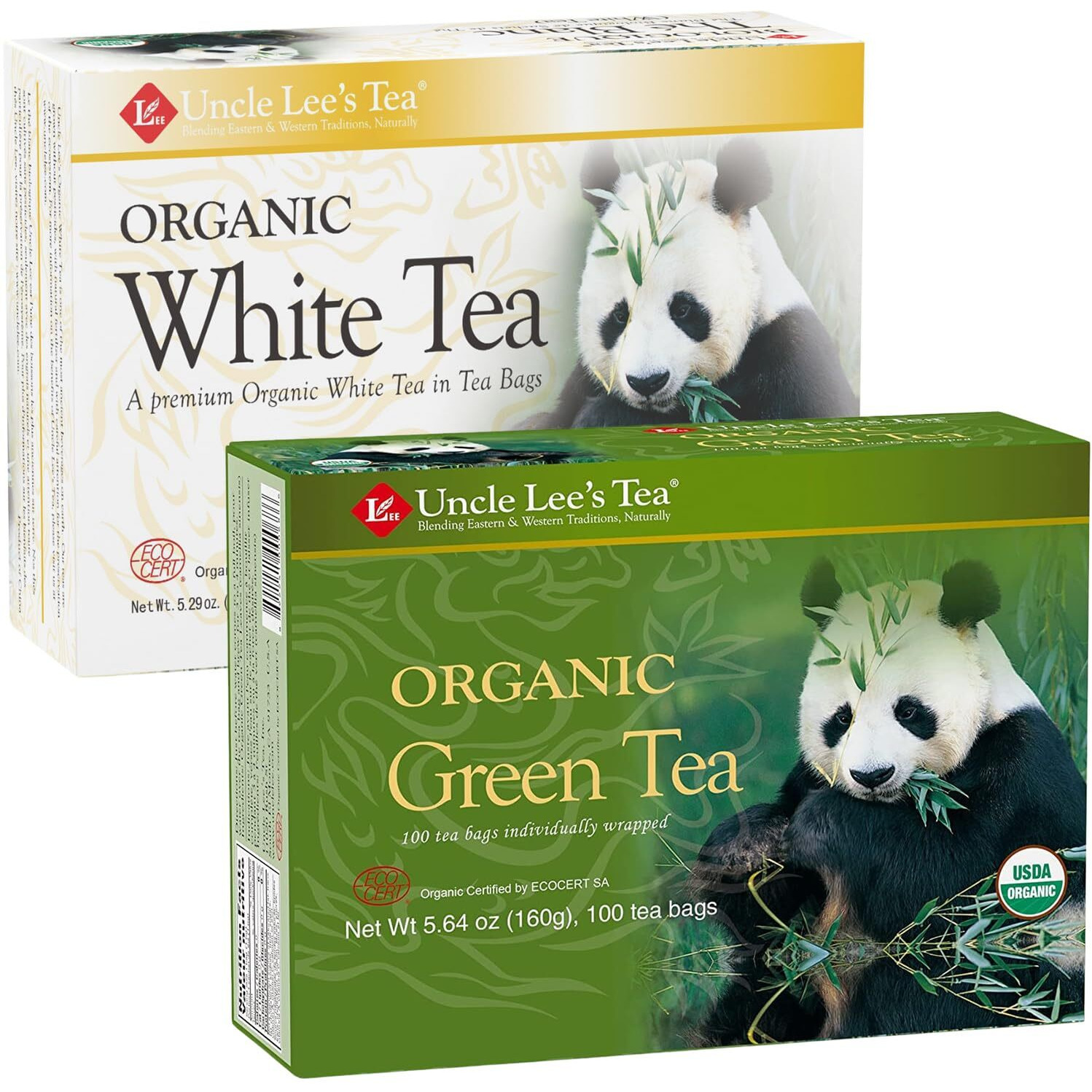 Uncle Lee's Organic White & Green Tea Variety 2-Pack (206 Individually Wrapped Bags) - Lightly Caffeinated Bulk Teas For Home, Office, Camping