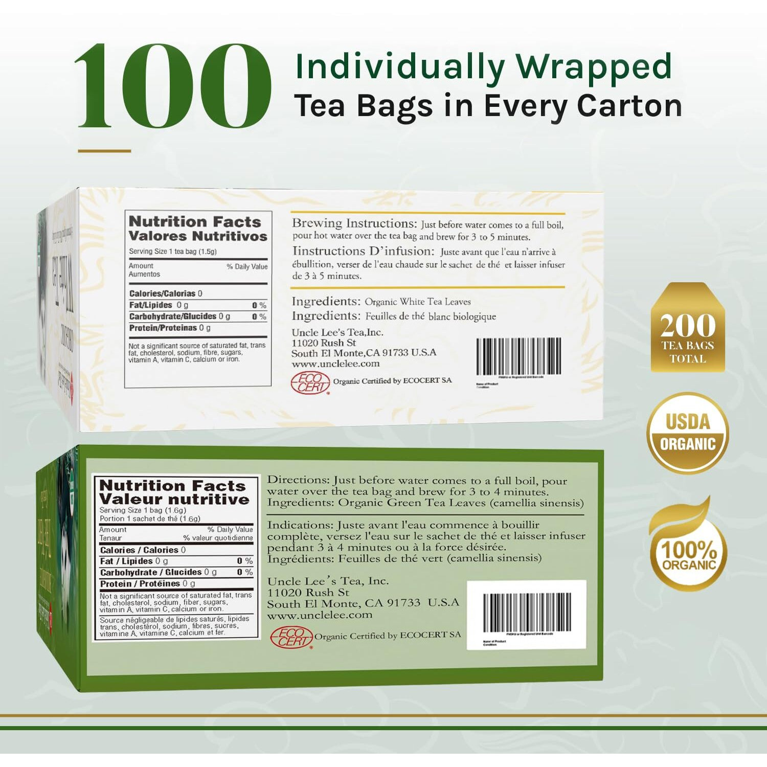 Uncle Lee's Organic White & Green Tea Variety 2-Pack (206 Individually Wrapped Bags) - Lightly Caffeinated Bulk Teas For Home, Office, Camping