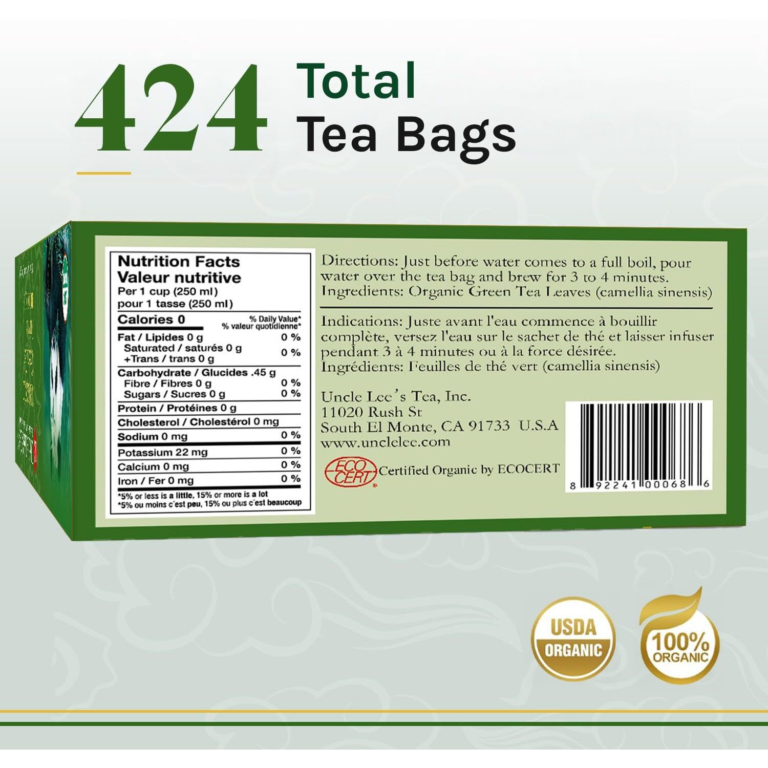 Uncle Lee's Organic Green Tea Bags 4-Pack, 106-Count Super Packs - Bright & Refreshing, Lightly Caffeinated Bulk Tea For Home, Office, Camping