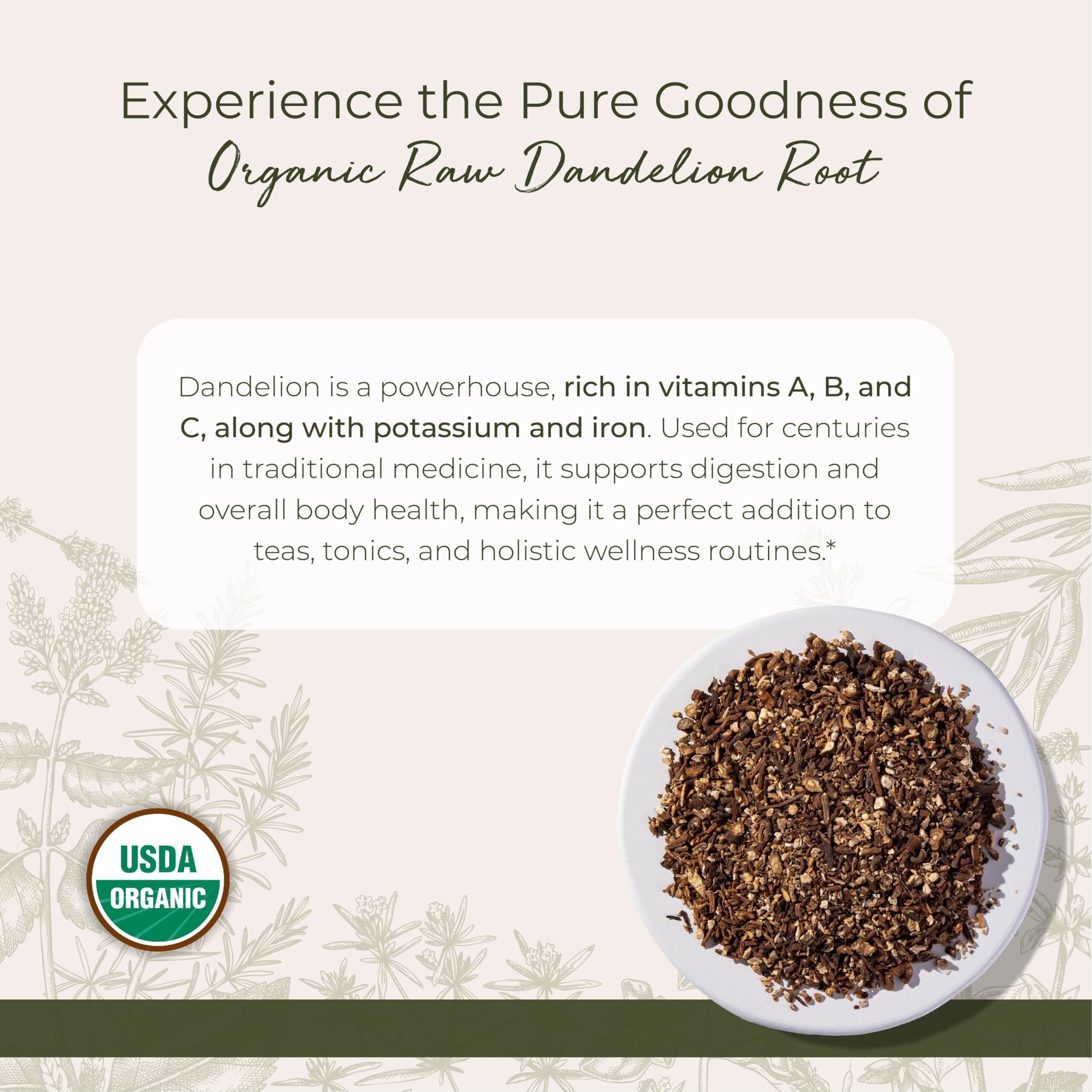 Starwest Botanicals Organic Raw Dandelion Root - Loose Leaf Herbal Tea, Supports Digestion, Cut & Sifted, Certified Kosher, Non-Gmo, Caffeine-Free - 4 Oz Pouch