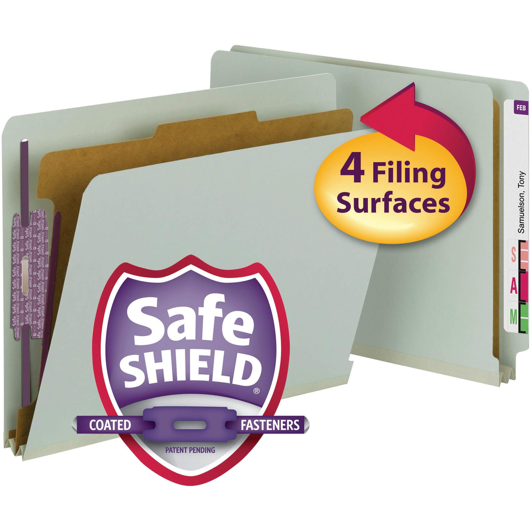 Smead 100% Recycled End Tab Pressboard Classification File Folder With Safeshield Fasteners, 1 Divider, 2" Expansion, Letter Size, Gray/Green, 10 Per Box (26800)