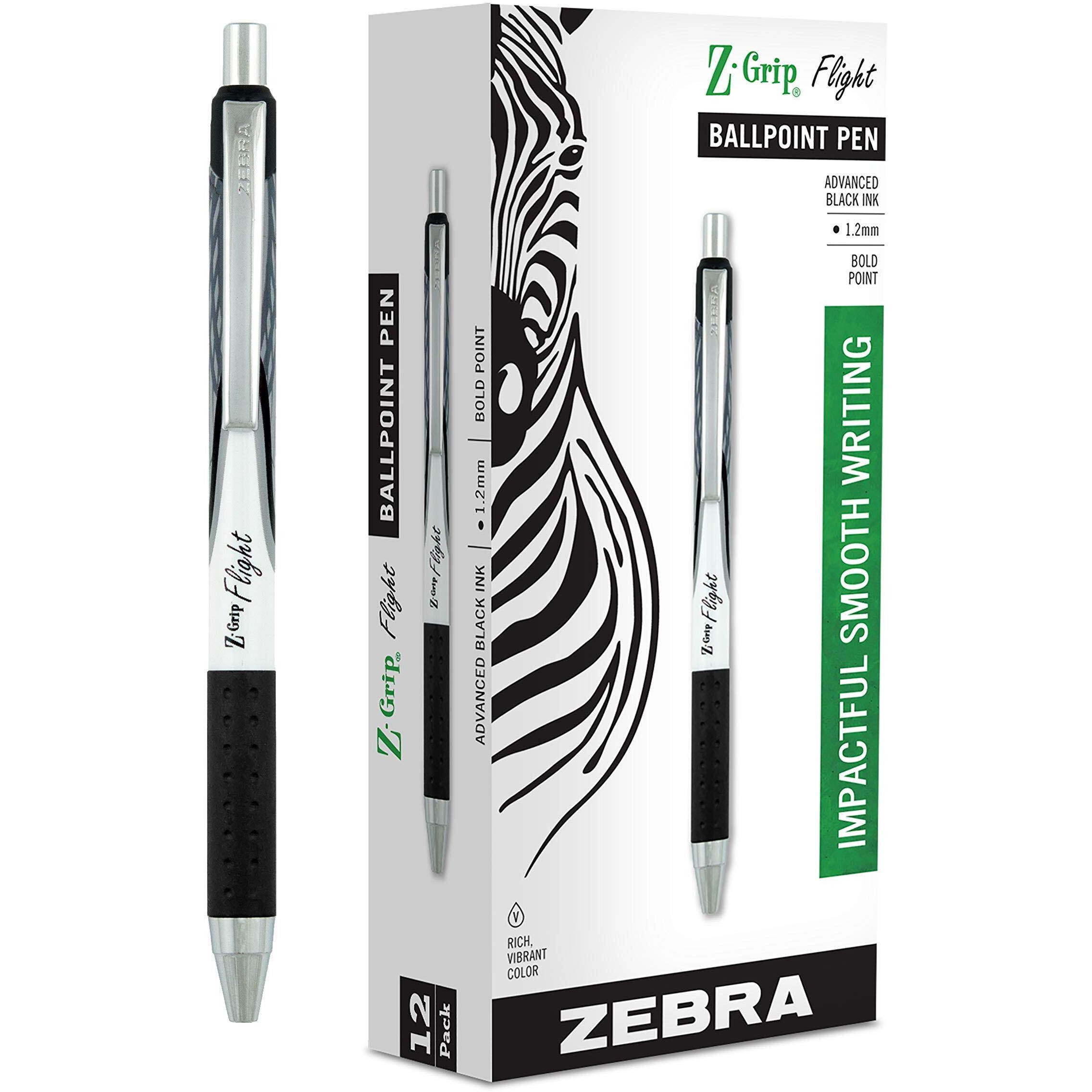 Zebra Pen Z-Grip Flight Retractable Ballpoint Pen, Bold Point, 1.2Mm, Black Ink, 12-Count