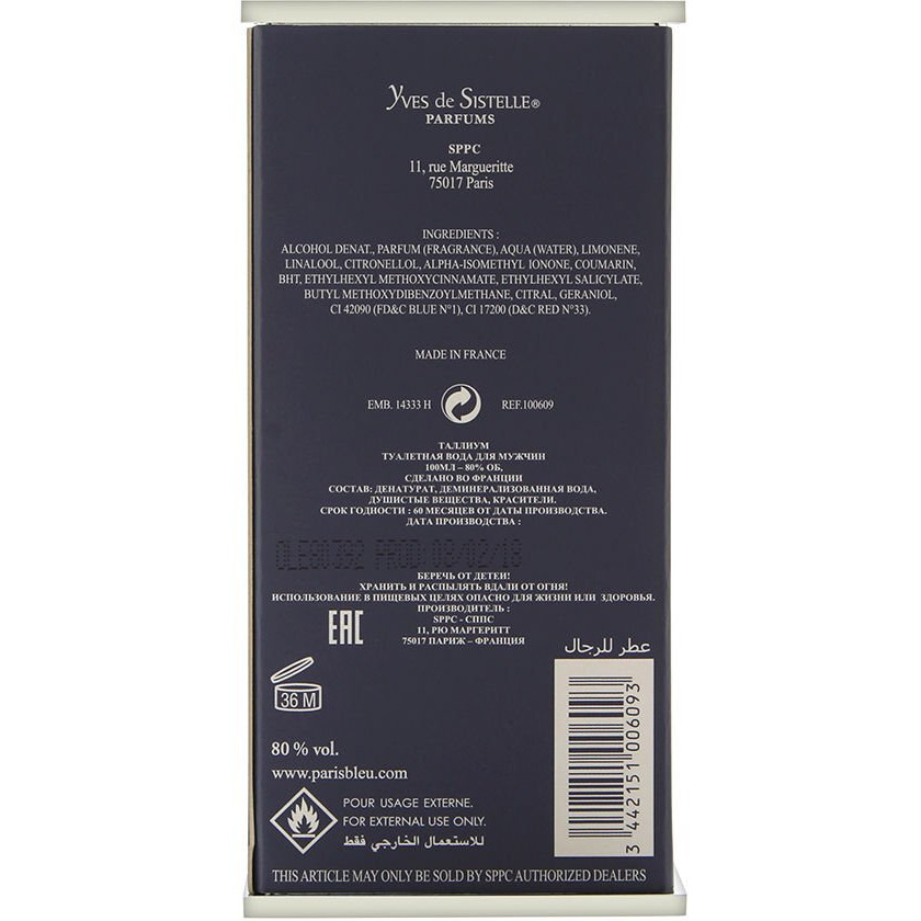 Yves De Sistelle Thallium For Men 3.3 Ounce Edt Sp