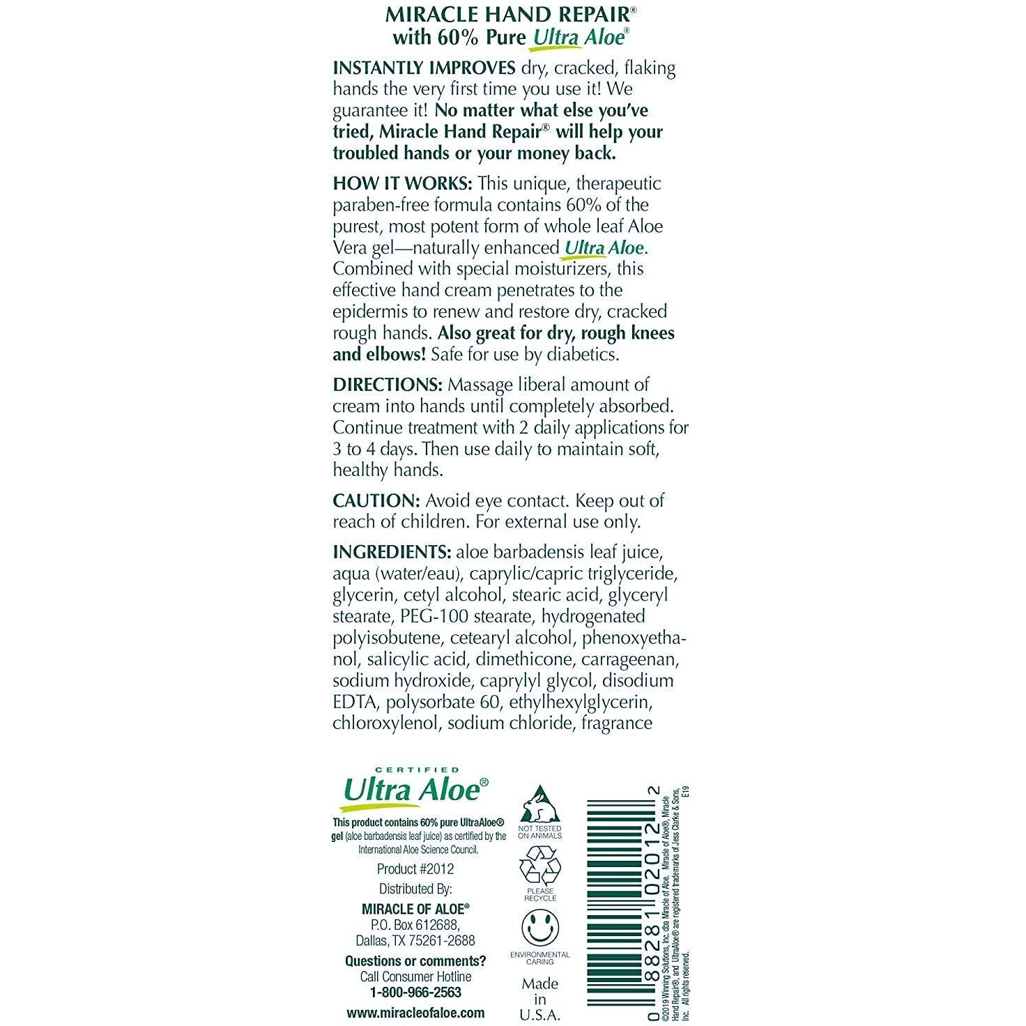 Miracle Of Aloe Miracle Hand Repair Cream 8 Oz Healing Aloe Vera Lotion For Dry, Cracked Hands With 60% Ultra Aloe Gel - Moisturizes, Softens, And Repairs - Non-Greasy, Lightly Scented (2-Pack)