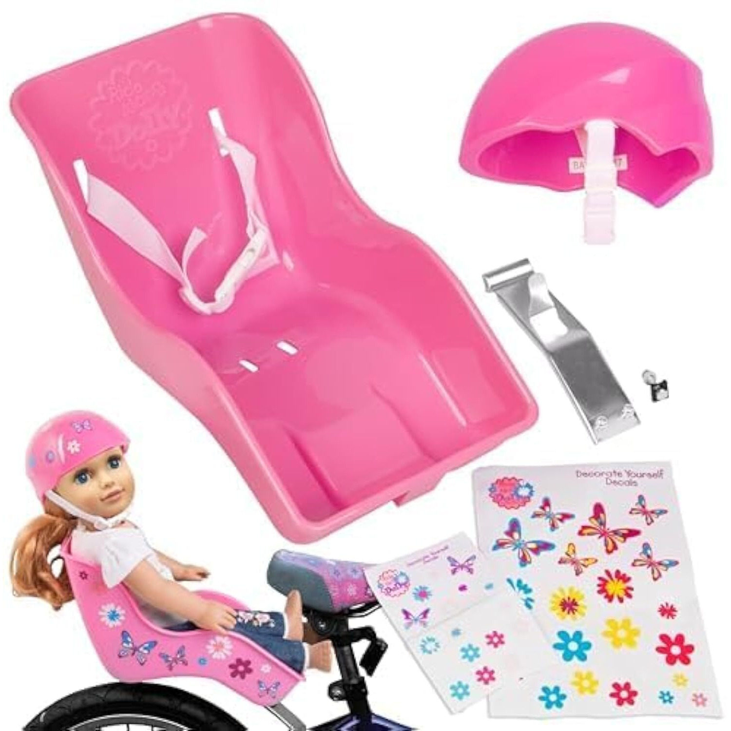 Ride Along Dolly Bike Helmet For 18" Dolls (Pink) -Doll Bicycle Accessory W Decals, Ride With Style Gift Activity Compatible W American Girl