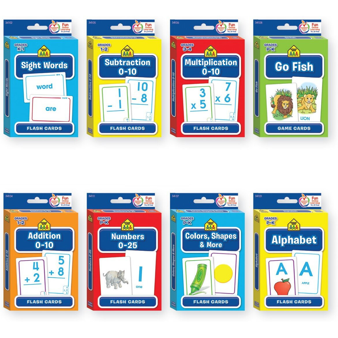 B-There Bundle Of 8 School Zone Flash Cards, Pre-K - 4Th Grade. Sight Words, Subtraction, Multiplication, Go Fish, Addition, Numbers, Colors & Shapes And Alphabet