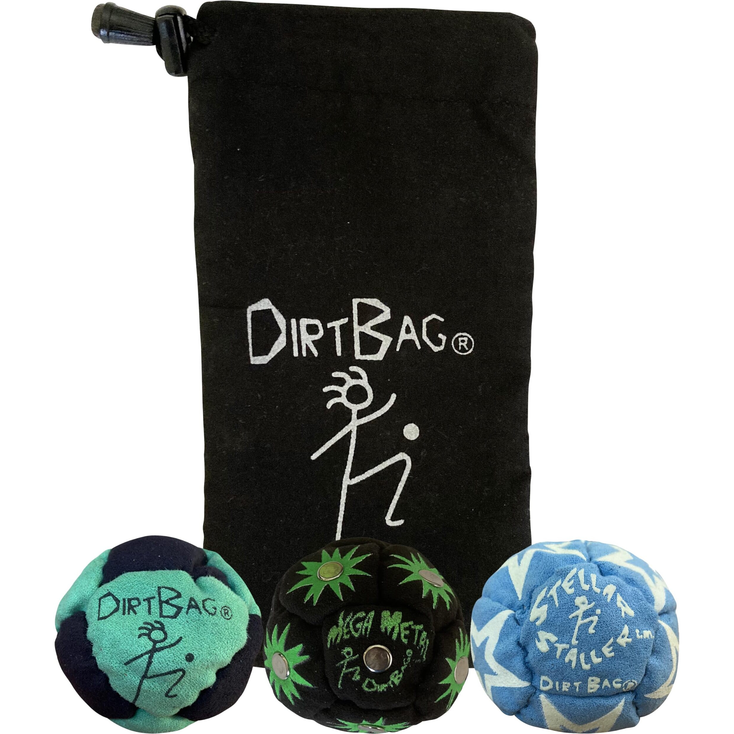 Dirtbag All Star Footbag Hacky Sack 3 Pack With Pouch, 100% Handmade, Premium Quality, Bright Vivid Colors, Signature Carry Bag - Green/Black
