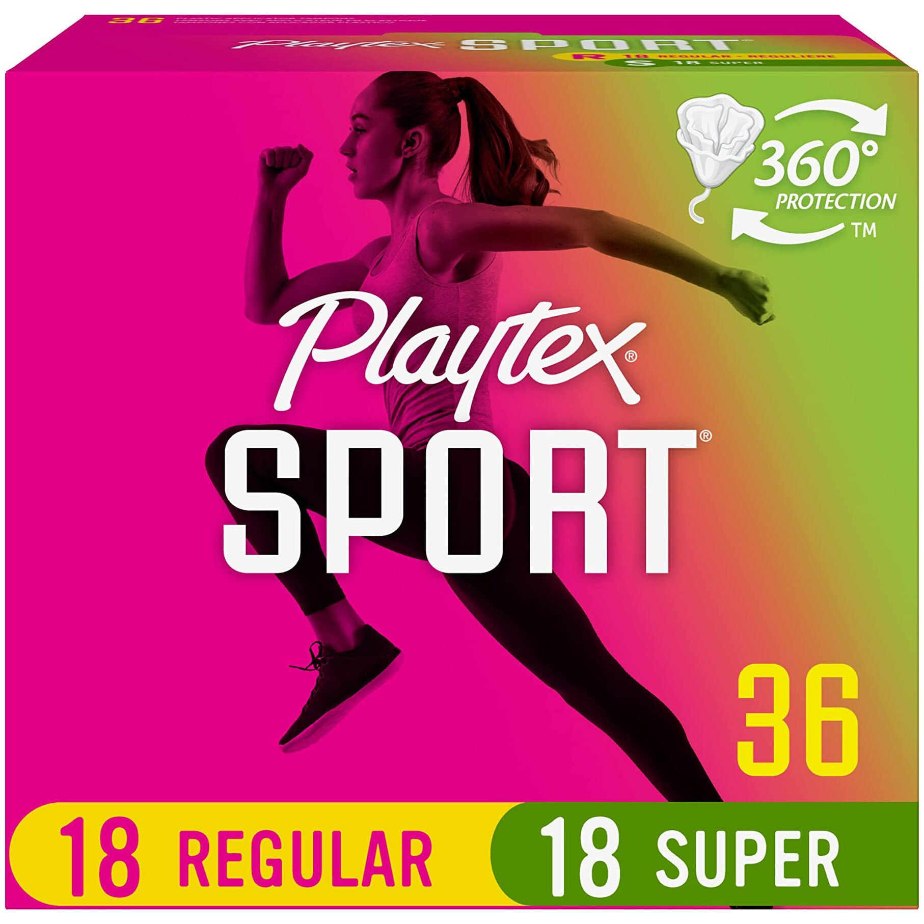 Playtex Sport Tampons, Multipack (36Ct Regular/36Ct Super Absorbency), Fragrance-Free - 72Ct (2 Packs Of 36Ct)