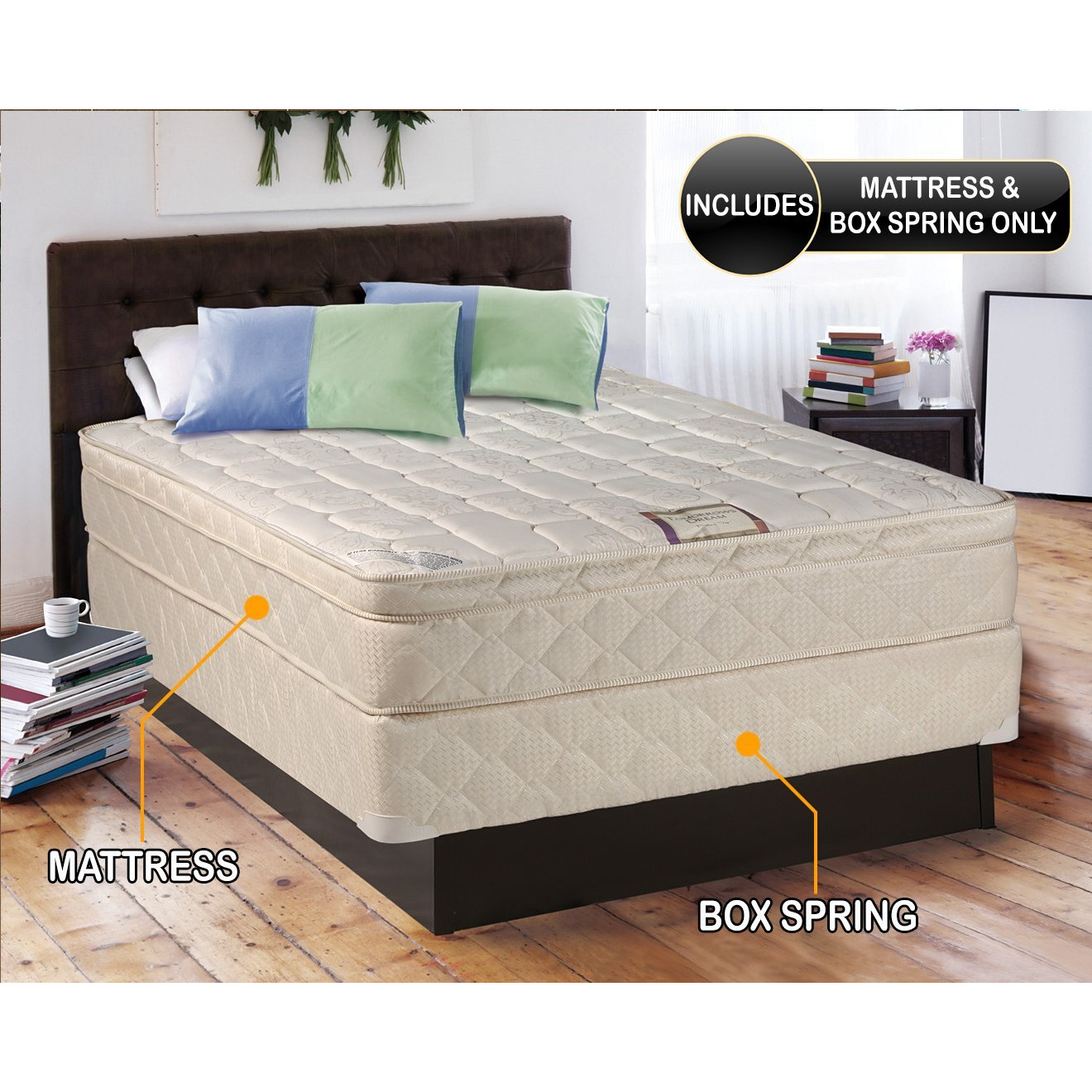 Dream Solutions Usa Tomorrow's Dream Inner Spring Eurotop (Pillow Top) Queen Size (60&quotX80&quotX10") Mattress And Box Spring Set - Medium Soft, Fully Assembled, Good For Your Back, Orthopedic