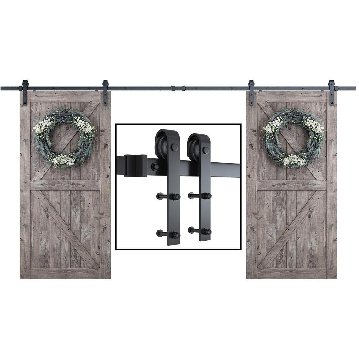 Smartstandard 13 Ft Double Barn Door Hardware Kit, Sliding Door Track-Smoothly And Quietly -Includes Detailed Installation Fit 36"-40" Wide Door Panel(J Shape Hanger) Black
