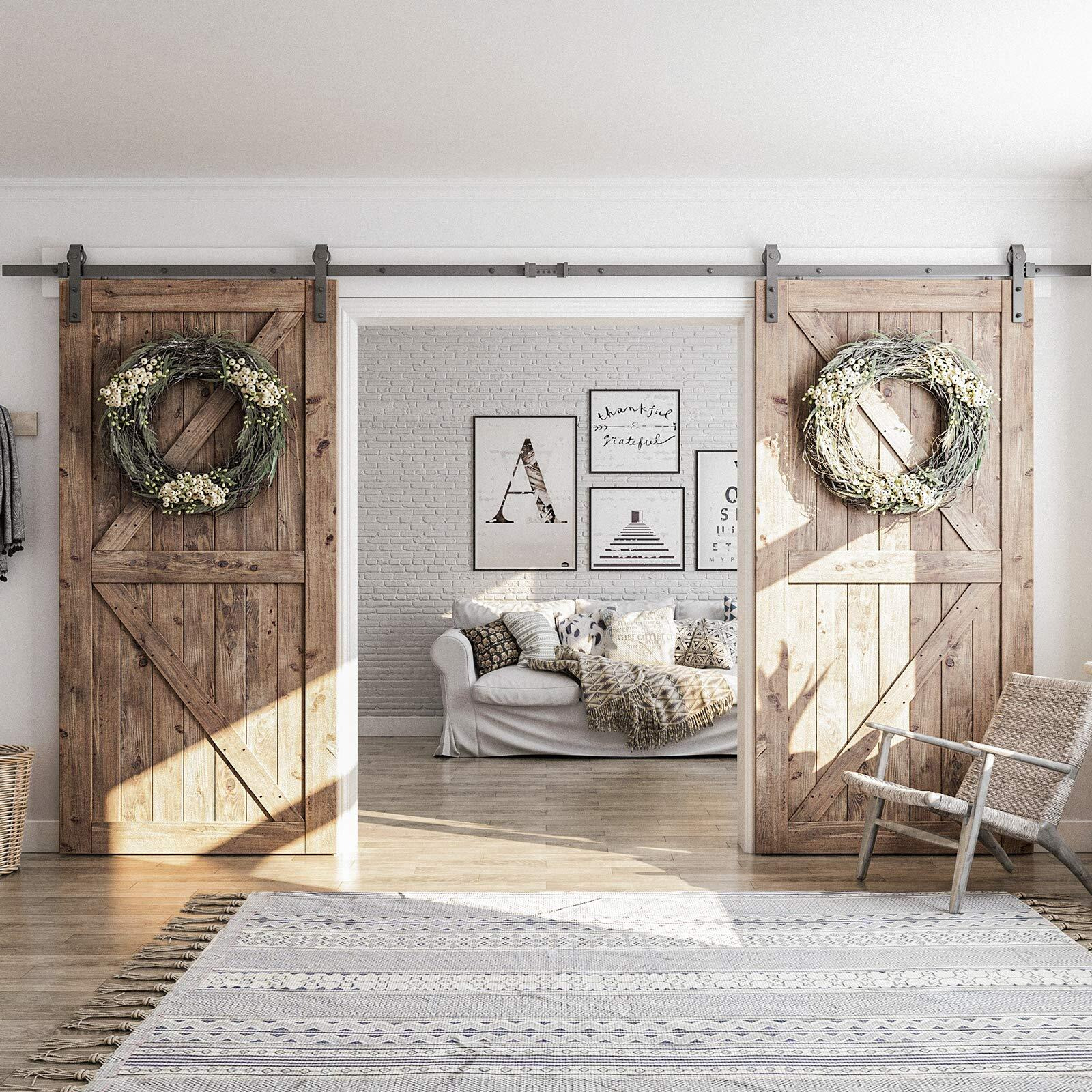 Smartstandard 13 Ft Double Barn Door Hardware Kit, Sliding Door Track-Smoothly And Quietly -Includes Detailed Installation Fit 36"-40" Wide Door Panel(J Shape Hanger) Black