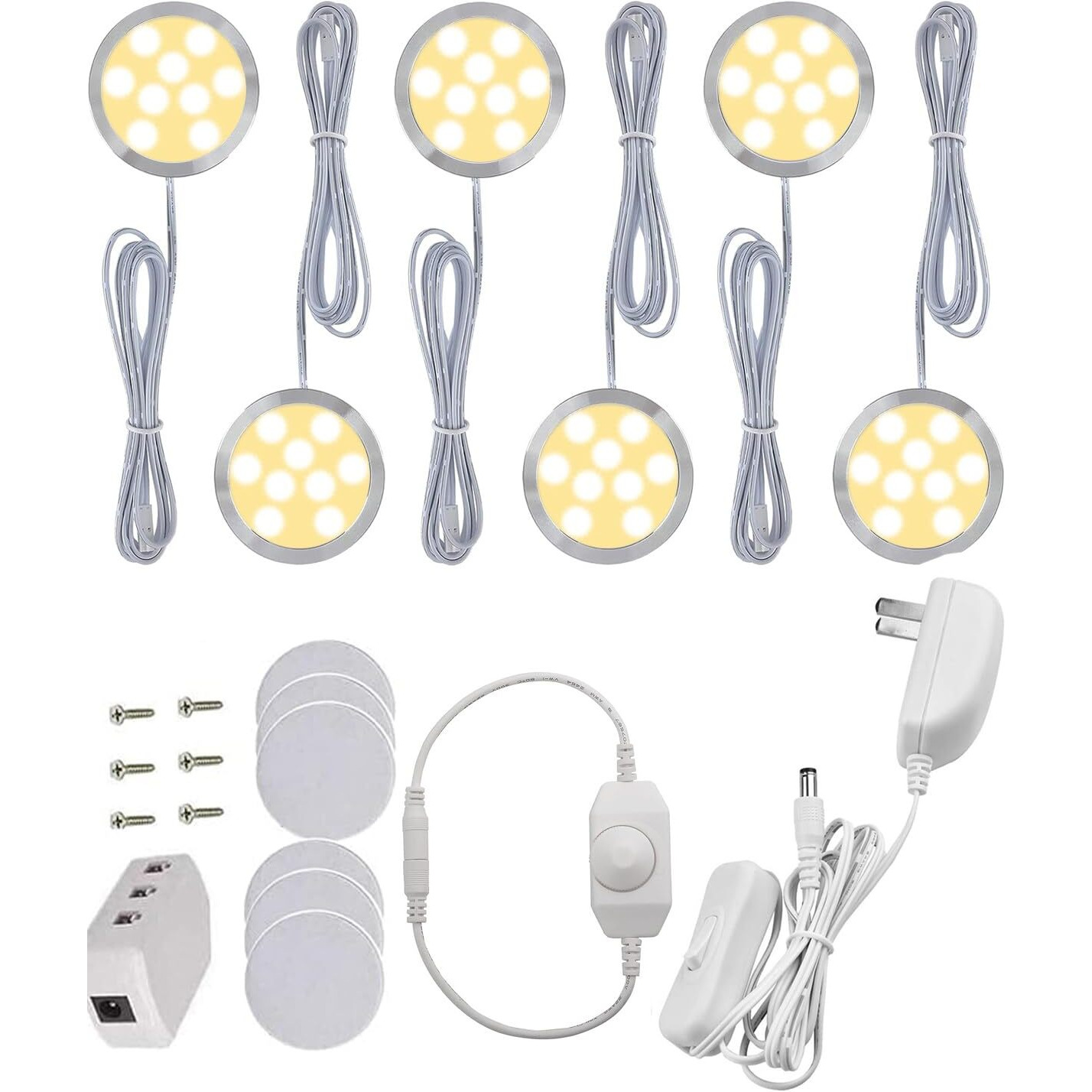 Cefrank Dimmable Puck Lights, 6Pcs Warm White Bookcase Lighting Kit W/Rotary Dimmer Switch, Total Of 18W, 1500 Lm Led Under Cabinet Lights - Warm White, 3000K