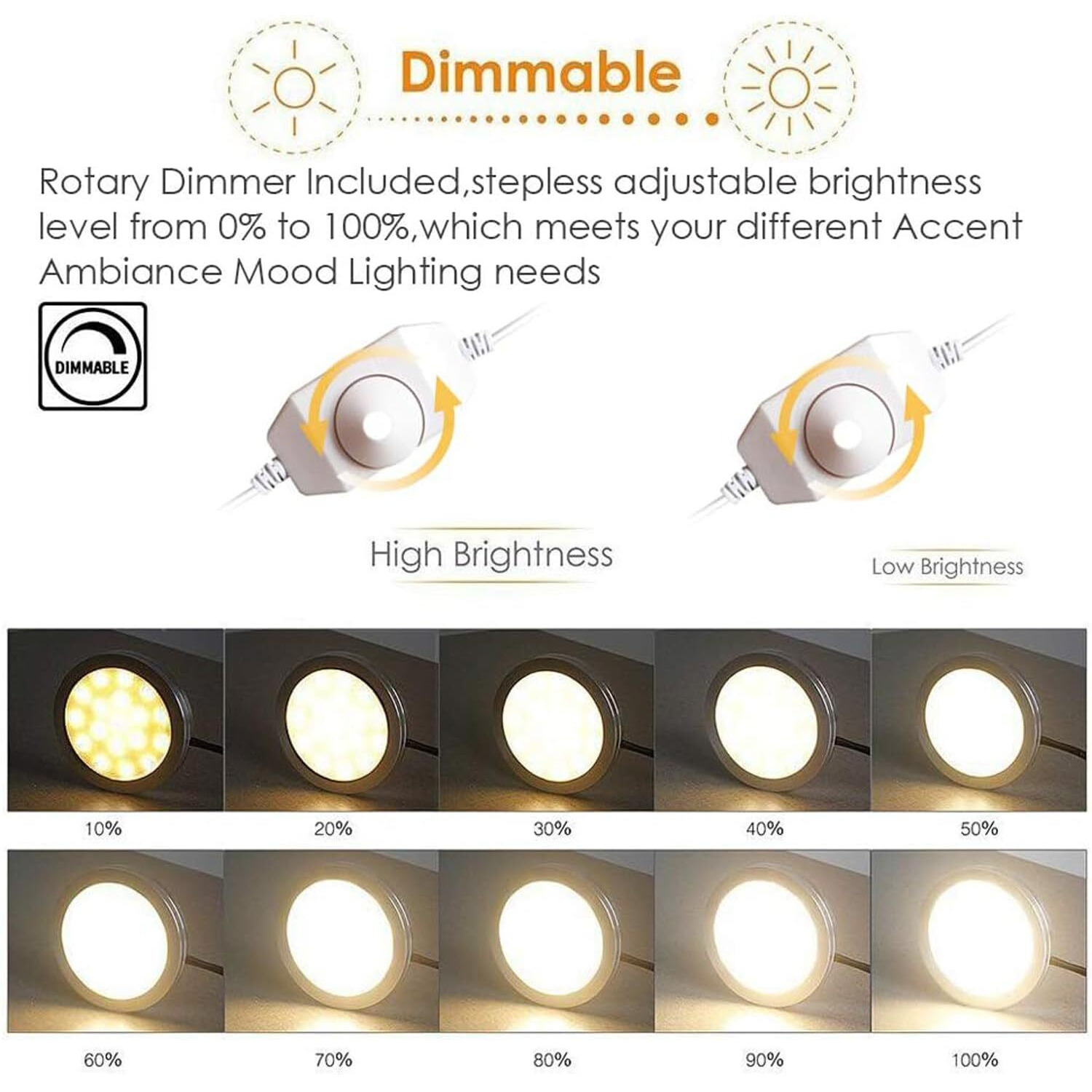 Cefrank Dimmable Puck Lights, 6Pcs Warm White Bookcase Lighting Kit W/Rotary Dimmer Switch, Total Of 18W, 1500 Lm Led Under Cabinet Lights - Warm White, 3000K