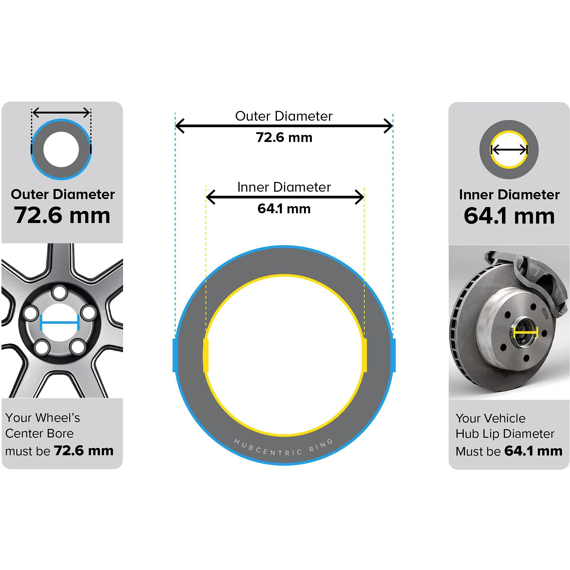 Stancemagic Hubcentric Rings (Pack Of 4) - 64.1Mm Id To 72.6Mm Od - Silver Aluminum Hubrings - Only Fits 64.1Mm Vehicle Hub And 72.6Mm Wheel Centerbore - Compatible With Honda Acura