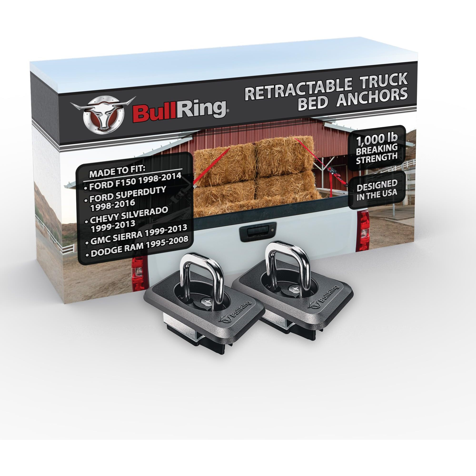 Bull Ring Raised Fit Retractable Truck Bed Tie Down Anchors For '98-14 Ford F150, '98-16 Ford Super Duty, '99-13 Chevrolet Silverado & Gmc Sierra, '95-08 Dodge Ram (1 Pair)