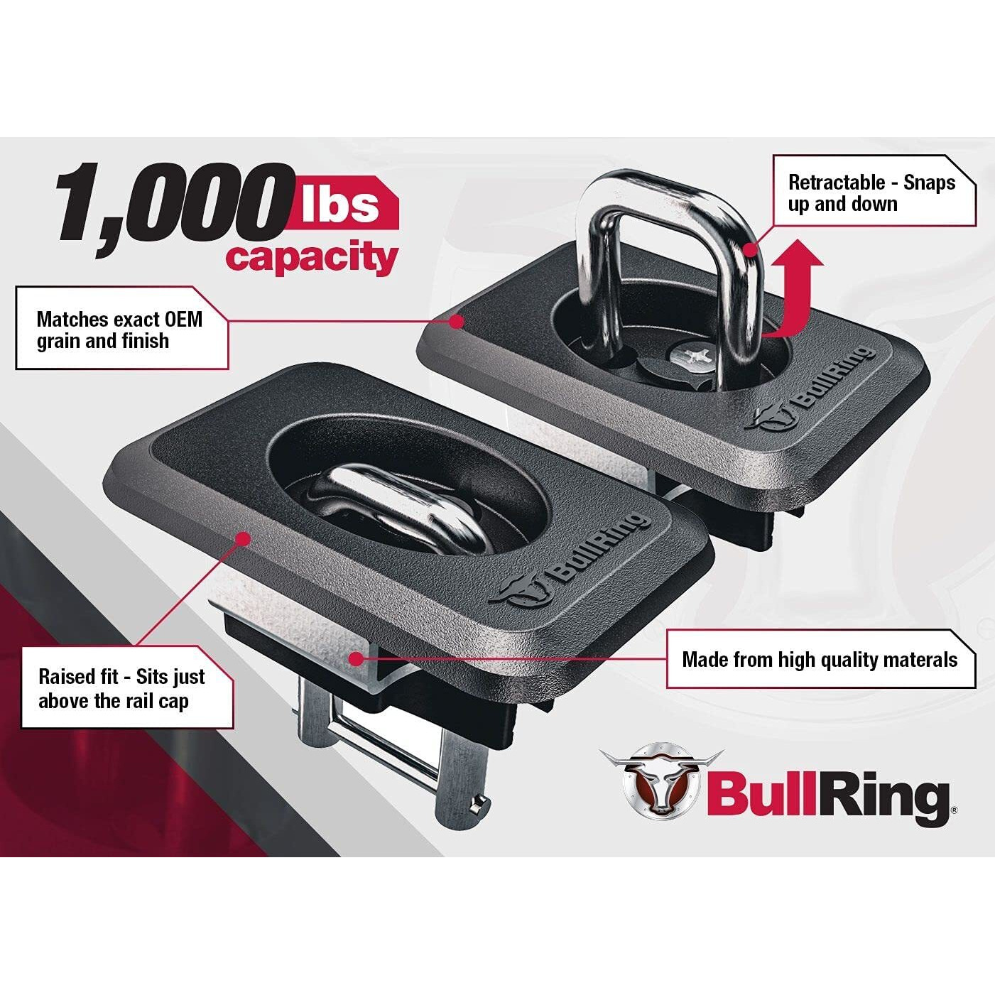 Bull Ring Raised Fit Retractable Truck Bed Tie Down Anchors For '98-14 Ford F150, '98-16 Ford Super Duty, '99-13 Chevrolet Silverado & Gmc Sierra, '95-08 Dodge Ram (1 Pair)