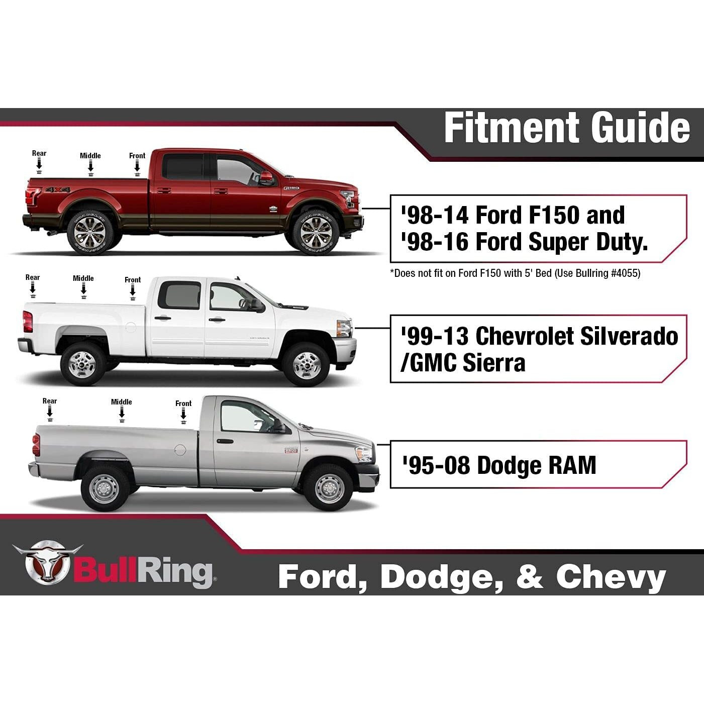 Bull Ring Raised Fit Retractable Truck Bed Tie Down Anchors For '98-14 Ford F150, '98-16 Ford Super Duty, '99-13 Chevrolet Silverado & Gmc Sierra, '95-08 Dodge Ram (1 Pair)