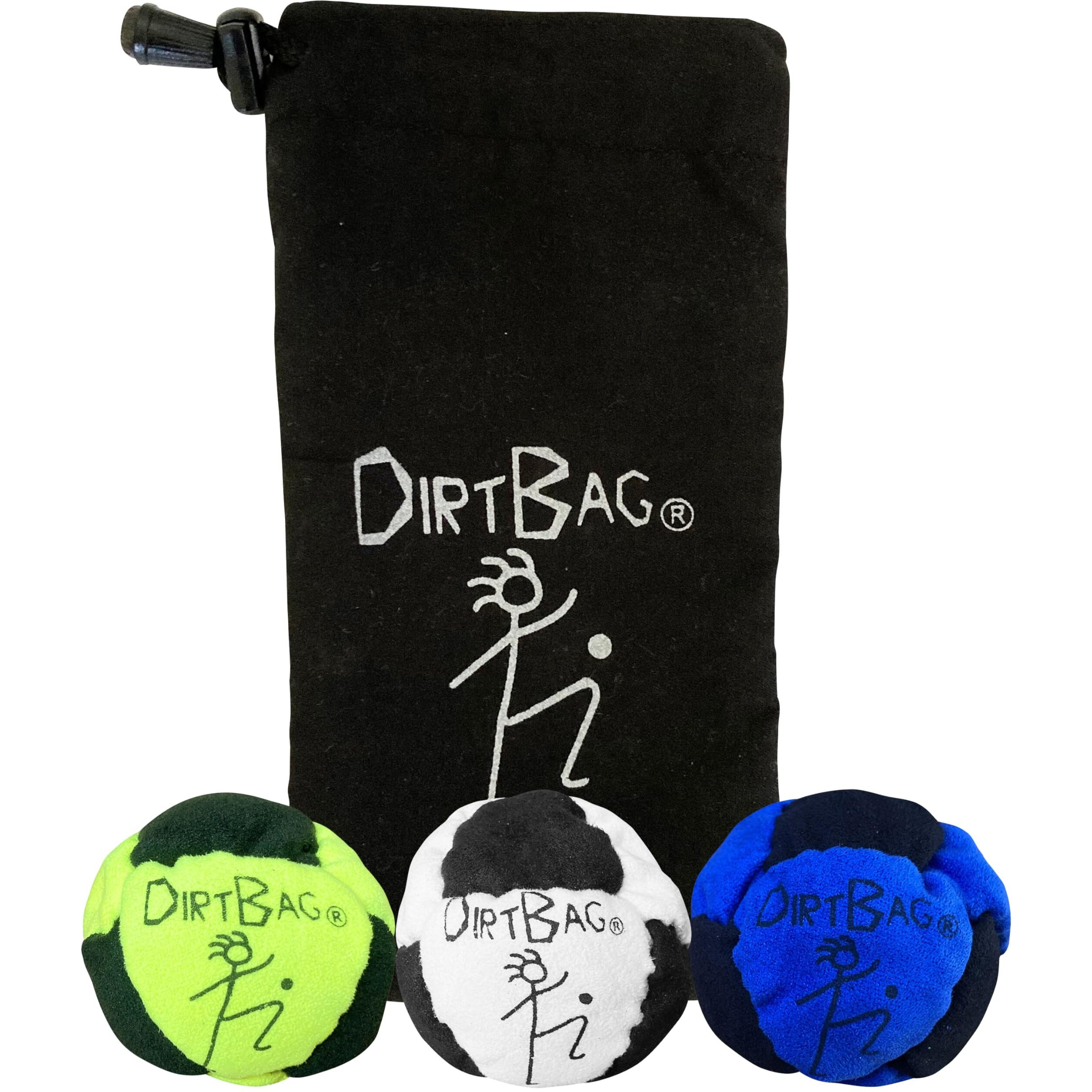 Dirtbag Classic Footbag Hacky Sack 3 Pack With Pouch, Unique, Footbag Set With Signature Carry Bag - Black Pouch.