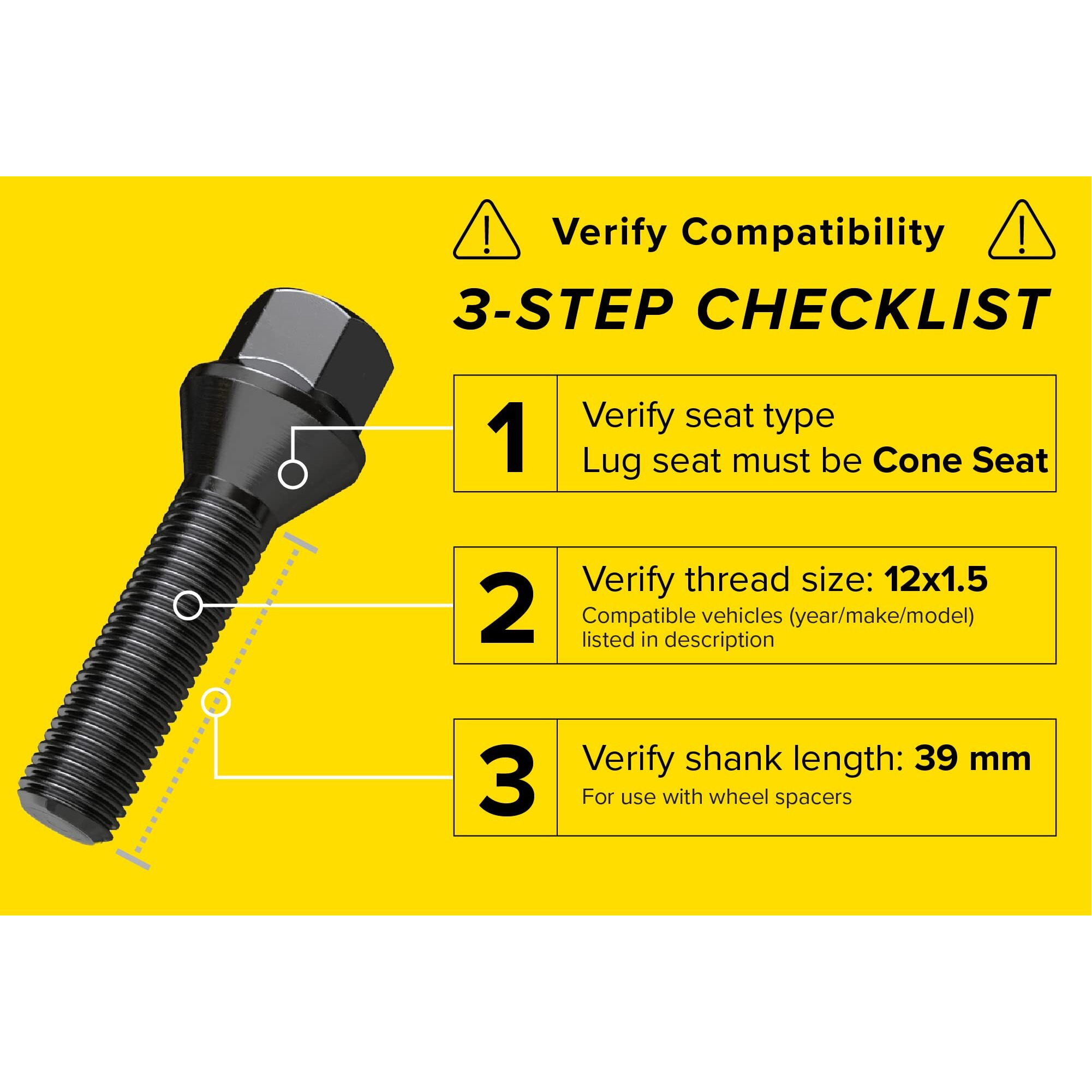 10Pcs Extended Lug Bolts - 12X1.5, 39Mm Shank (Not Oem Length), Cone Seat - Compatible With Bmw 128I 135I 318I 320I 325I 328I 335I M3 525I 528I 530I 535I M5 Z3 Z4 E36 E46 E60 E90 E92 E93 - Black