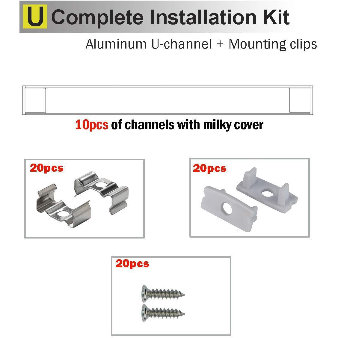 Starlandled 10-Pack 6.6Ft/ 2 Meter U Shape Led Aluminum Channel System With Milky Cover, End Caps And Mounting Clips, Aluminum Profile For Led Strip Light Installations, Very Easy Installation