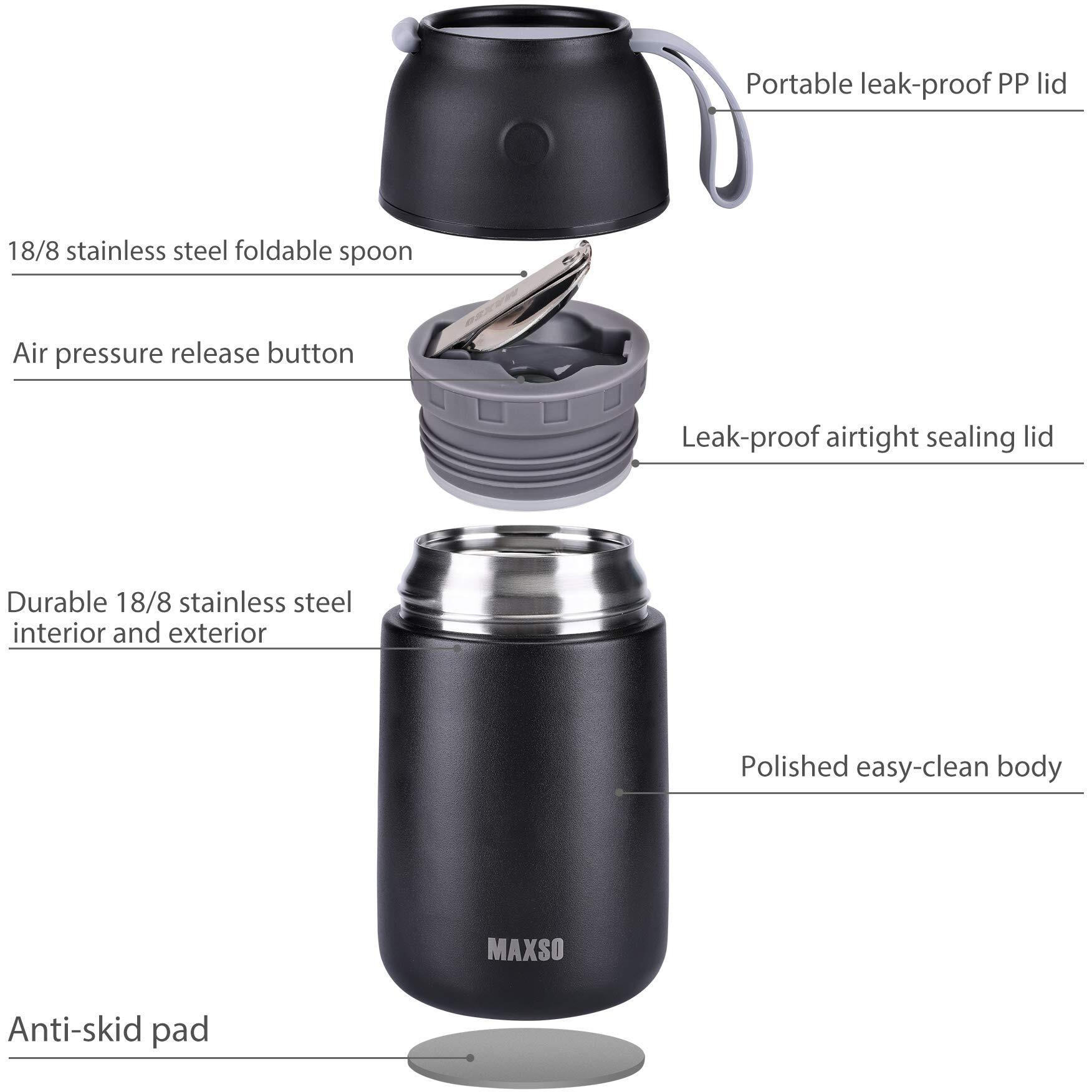 Maxso 2 Pack Soup Thermo For Hot & Cold Food For Kids Adults, Vacuum Insulated Food Jar Thermal Lunch Containers, Travel Food Flask With Spoon (24 Oz,17 Oz) (Black)