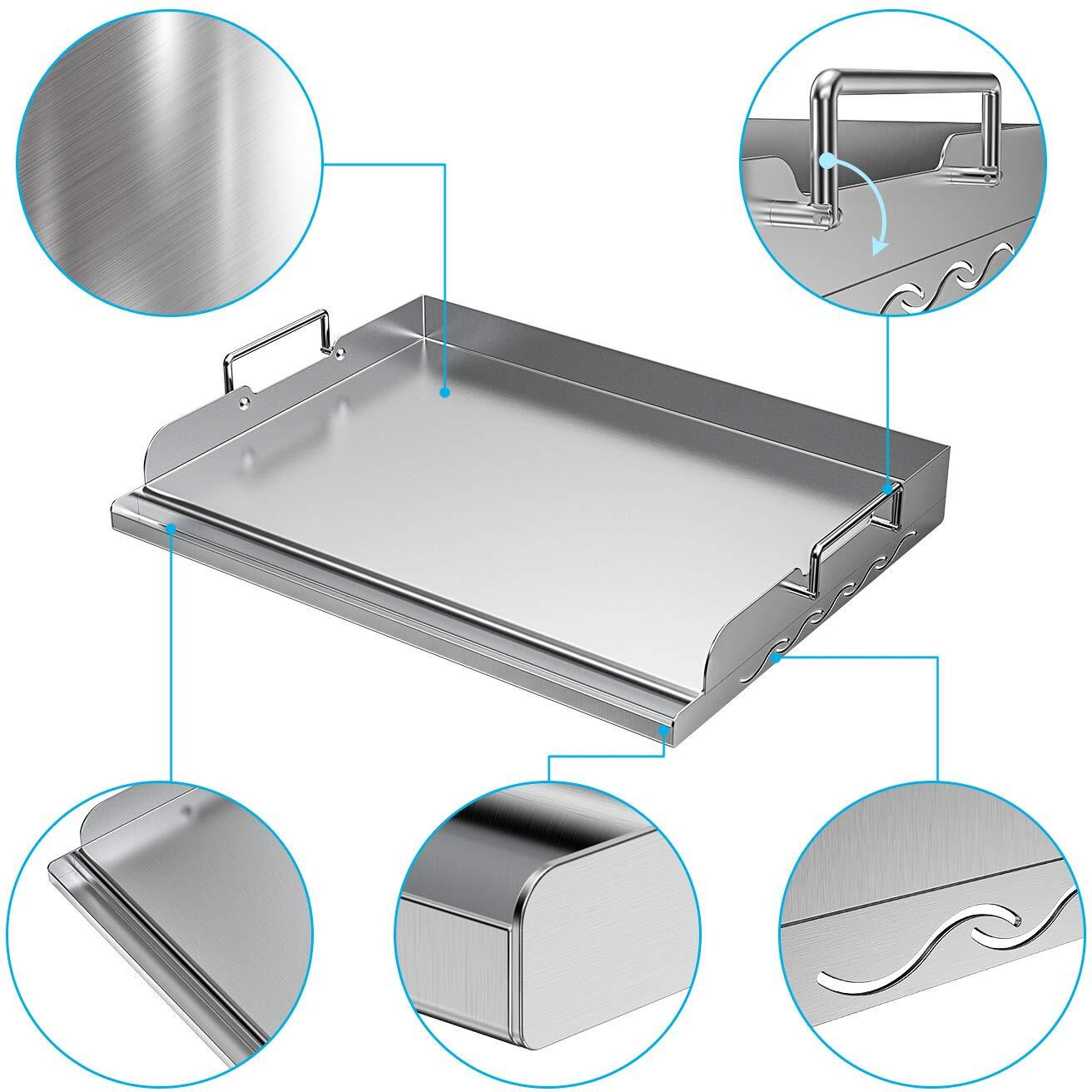 Skyflame Universal Stainless Steel Griddle Flat Top Plate With Even Heating Bracing For Bbq Charcoal/Gas Grills, Camping, Tailgating, And Parties 17" X 13"