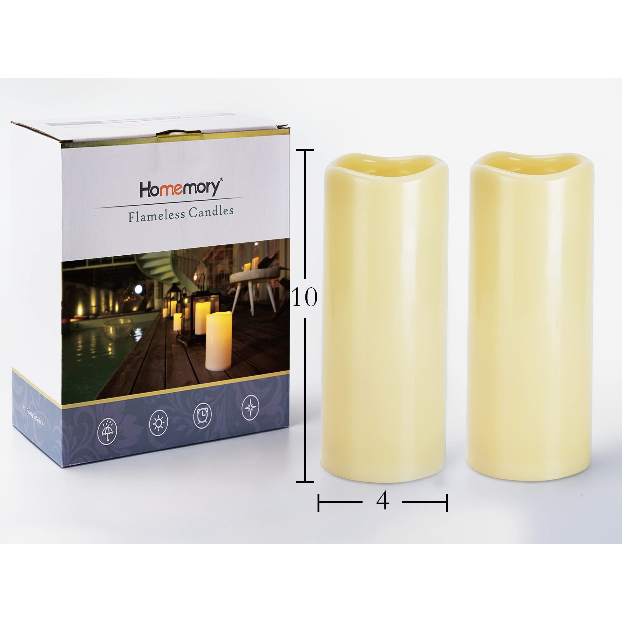 Homemory 4" X 10" Large Waterproof Outdoor Flameless Candles, Battery Operated Led Pillar Candles With Remote And Timers For Indoor Outdoor Lanterns, Long Lasting, Dark Ivory, Set Of 2