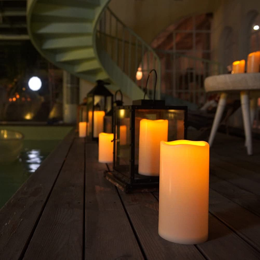 Homemory 4" X 10" Large Waterproof Outdoor Flameless Candles, Battery Operated Led Pillar Candles With Remote And Timers For Indoor Outdoor Lanterns, Long Lasting, Dark Ivory, Set Of 2