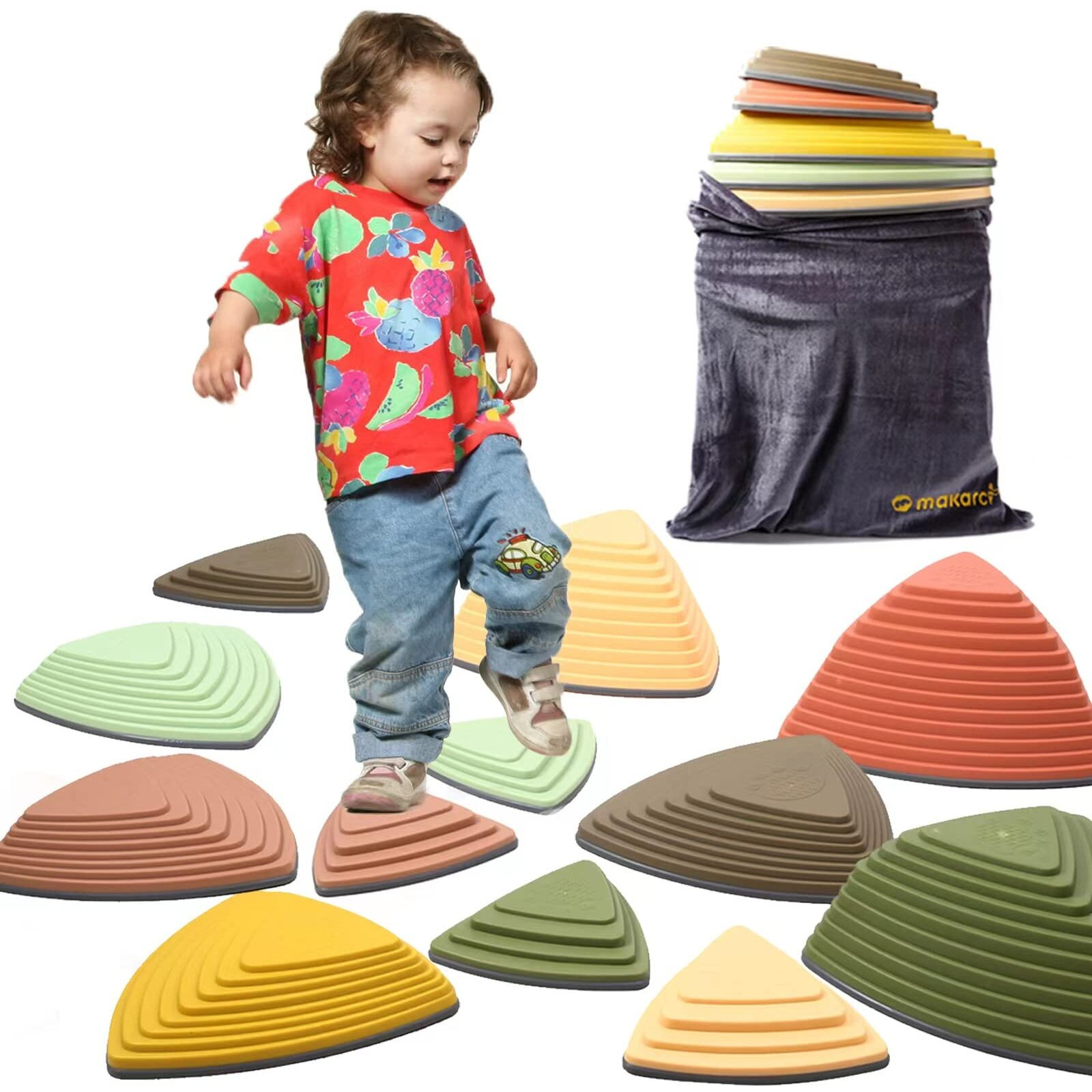 Makarci Stepping Stones For Kids 12Pcs Obstacle Courses Play Indoor Outdoor, Full Rubber Rim Plastic Hilltop For Kids Balance And Integration Improvement Age 3 4 5 6 7 8 + (Forest)