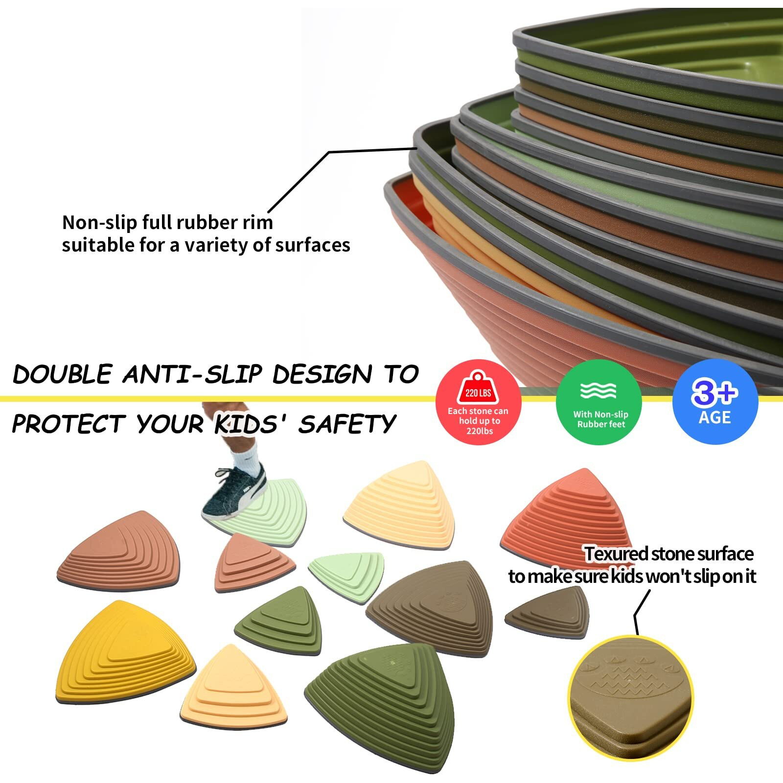 Makarci Stepping Stones For Kids 12Pcs Obstacle Courses Play Indoor Outdoor, Full Rubber Rim Plastic Hilltop For Kids Balance And Integration Improvement Age 3 4 5 6 7 8 + (Forest)