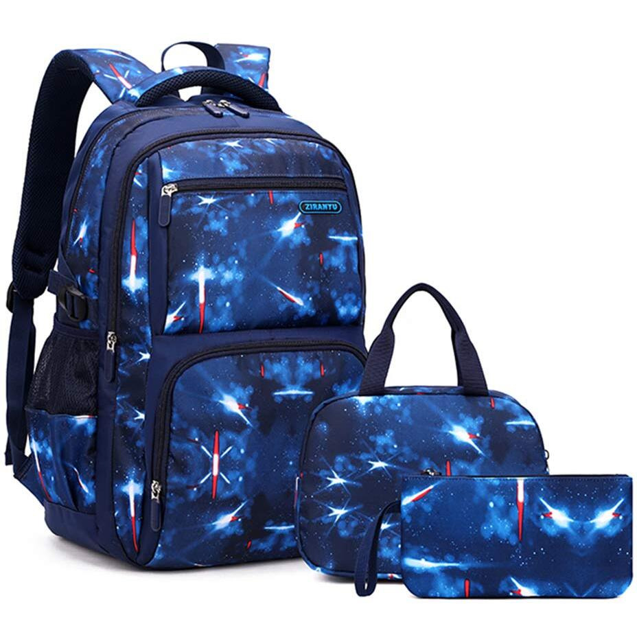 3Pcs Space Print Boys Backpack Set With Lunch Bag, Galaxy Backpacks For Boys Water-Resistant School Bags Bookbags, 3 Pieces-Sky-Blue