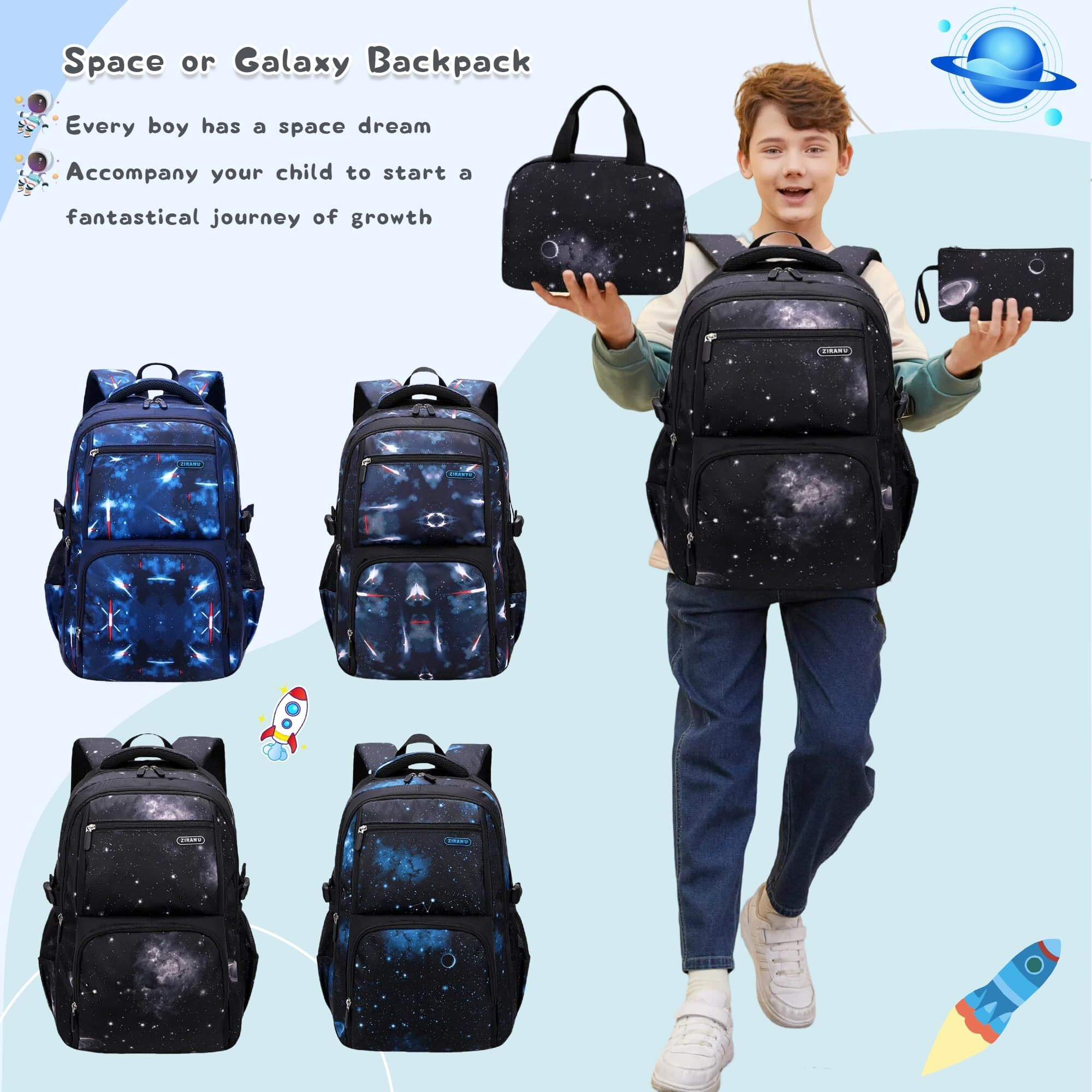 3Pcs Space Print Boys Backpack Set With Lunch Bag, Galaxy Backpacks For Boys Water-Resistant School Bags Bookbags, 3 Pieces-Sky-Blue