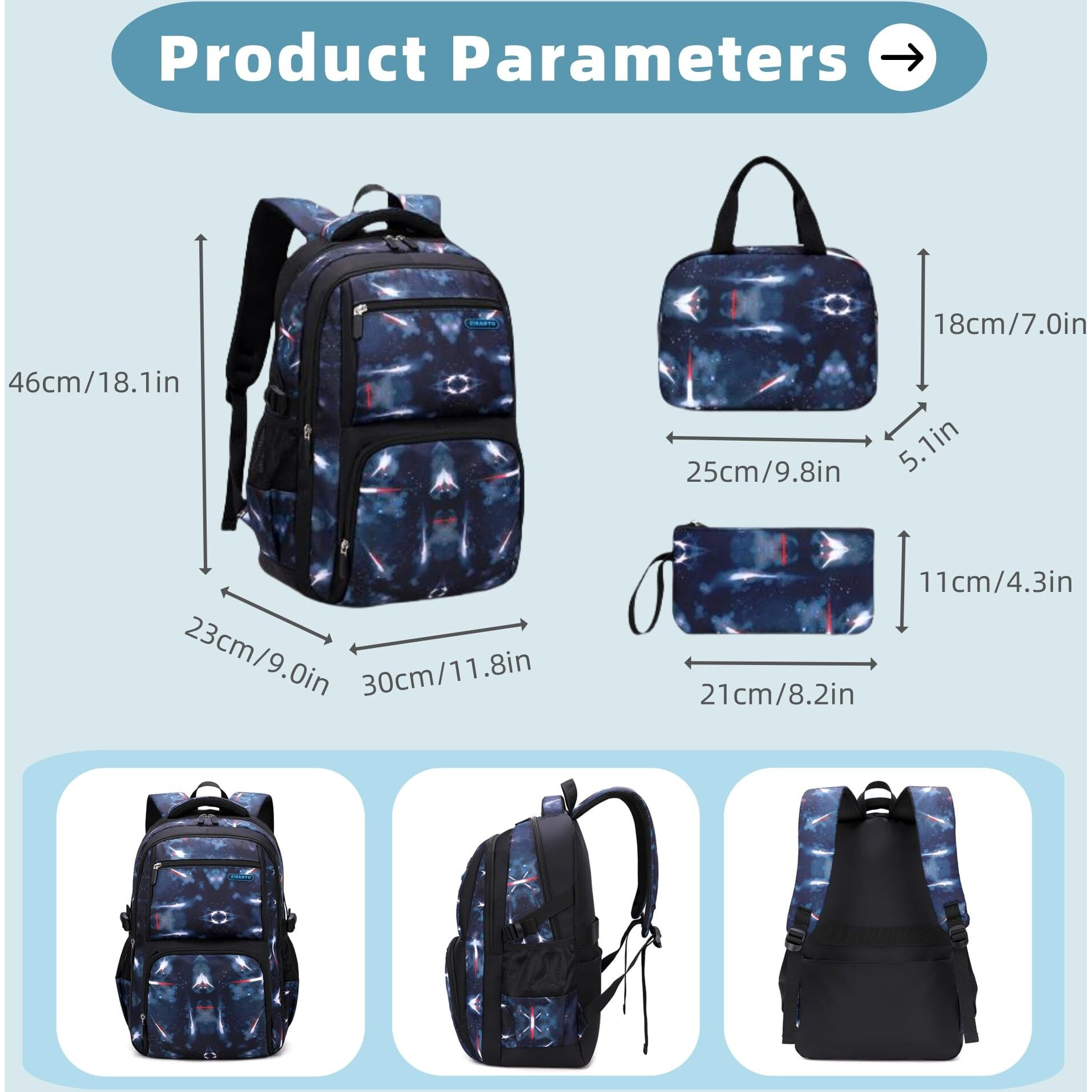 3Pcs Space Print Boys Backpack Set With Lunch Bag, Galaxy Backpacks For Boys Water-Resistant School Bags Bookbags, 3 Pieces-Sky-Blue