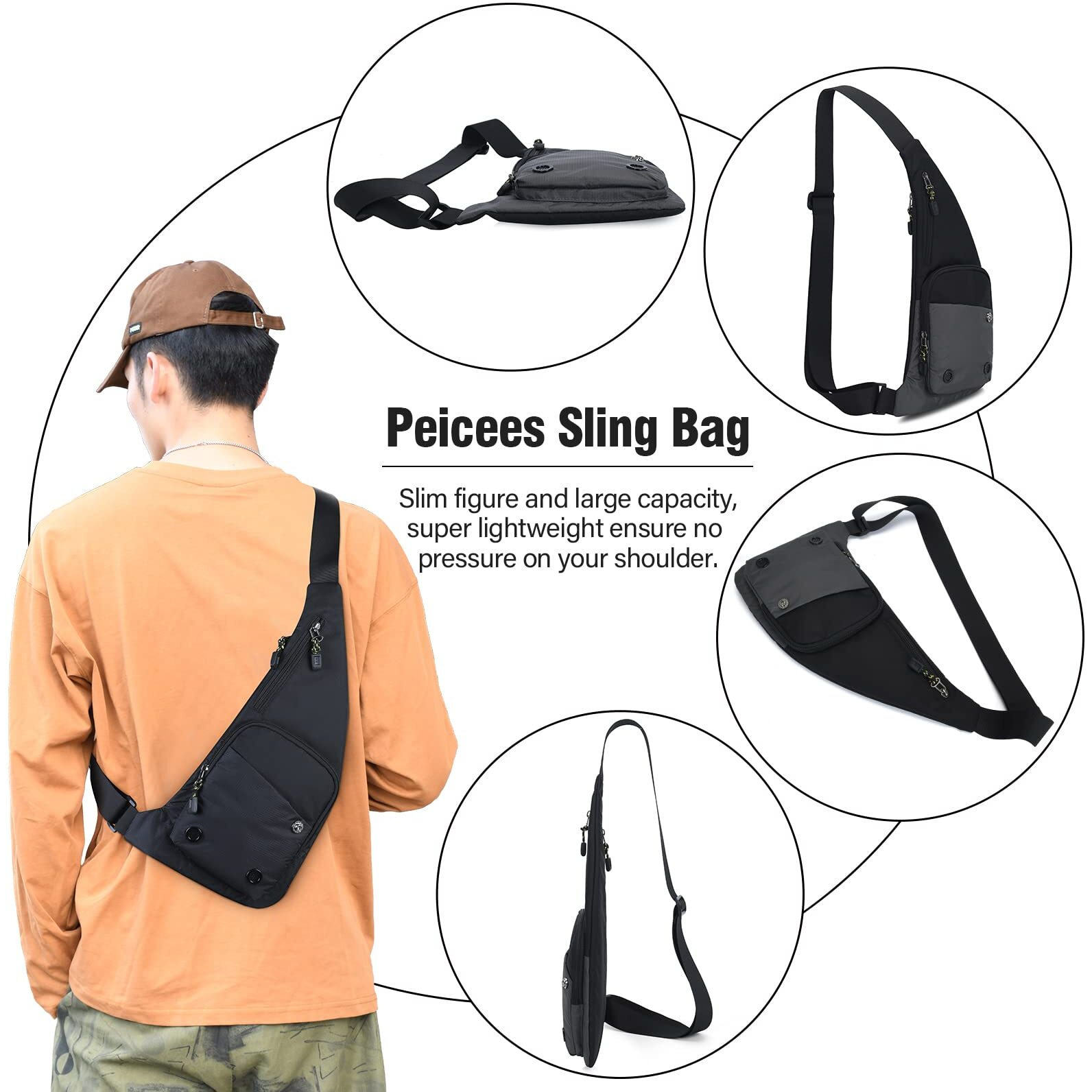 Peicees Sling Bag For Men Women Shoulder Bag Sling Backpack Durable Chest Bag For Running Camping Exercise Outdoor (S_Black)