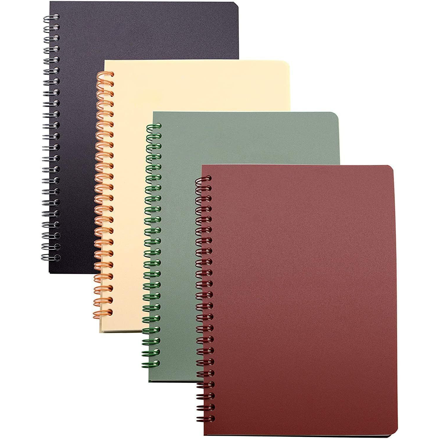 Yansanido Spiral Notebook, 4 Pcs 8.3 Inch X 5.9 Inch A5 Thick Plastic Hardcover 8Mm Ruled 4 Color 80 Sheets -160 Pages Journals For Study And Notes (Style 10-Wine Red,Brown,Green,Ivory, A5)