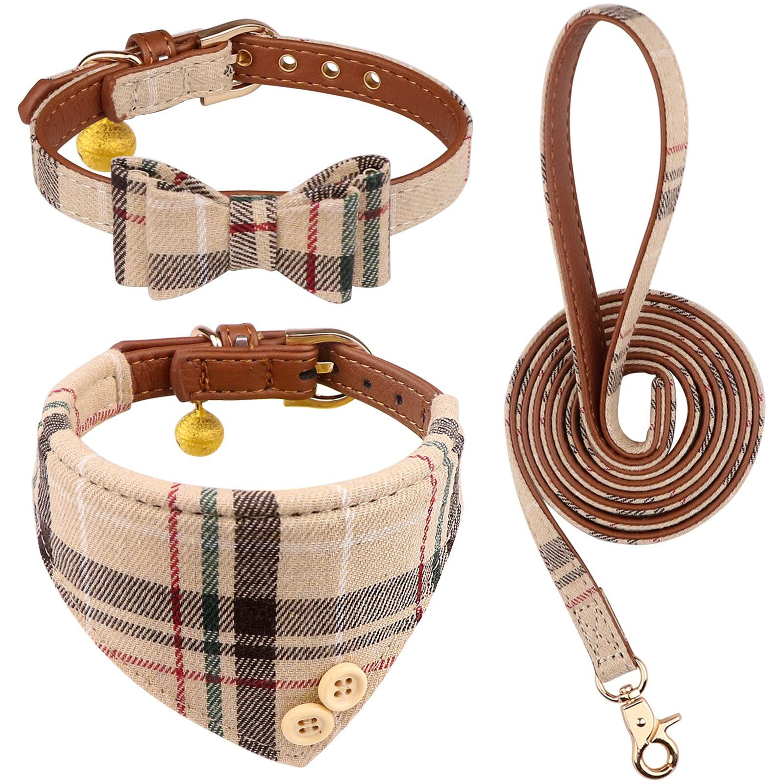 3 Pcs Dog Collars For Small Puppy Collar And Leash Set, Bow Tie With Bell, Bandana Leather For Small Dogs Puppies And Cats(Beige)